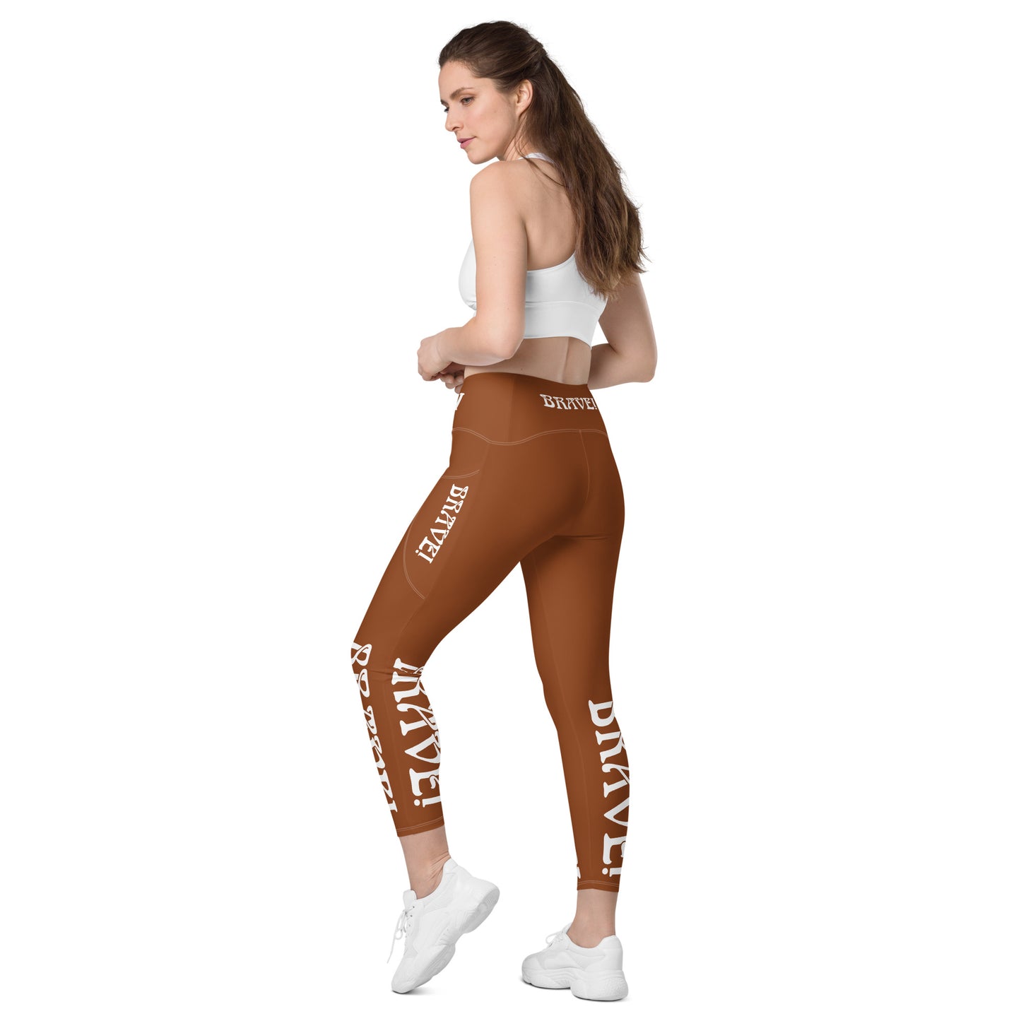 “BRAVE!”Brown Leggings W/Pockets & White Font