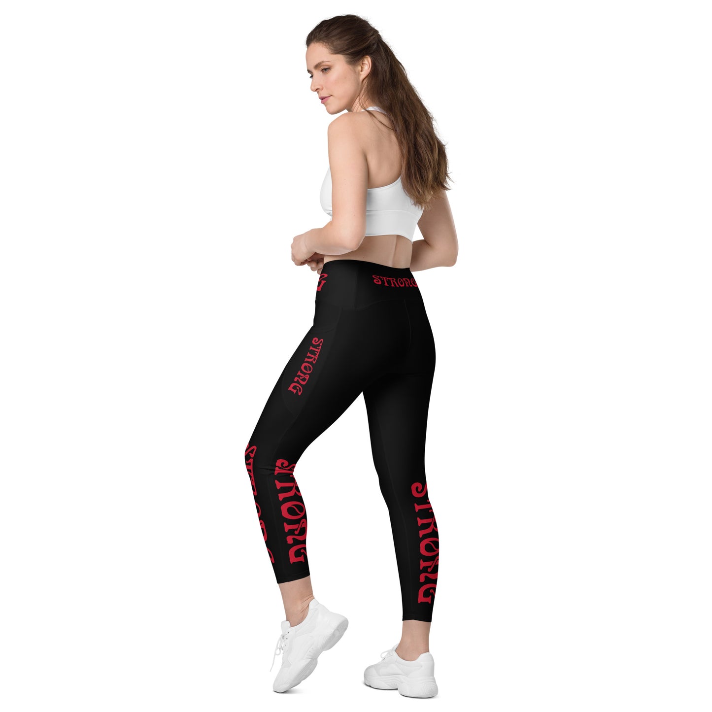 “STRONG” Black Leggings W/Pockets & Red Font