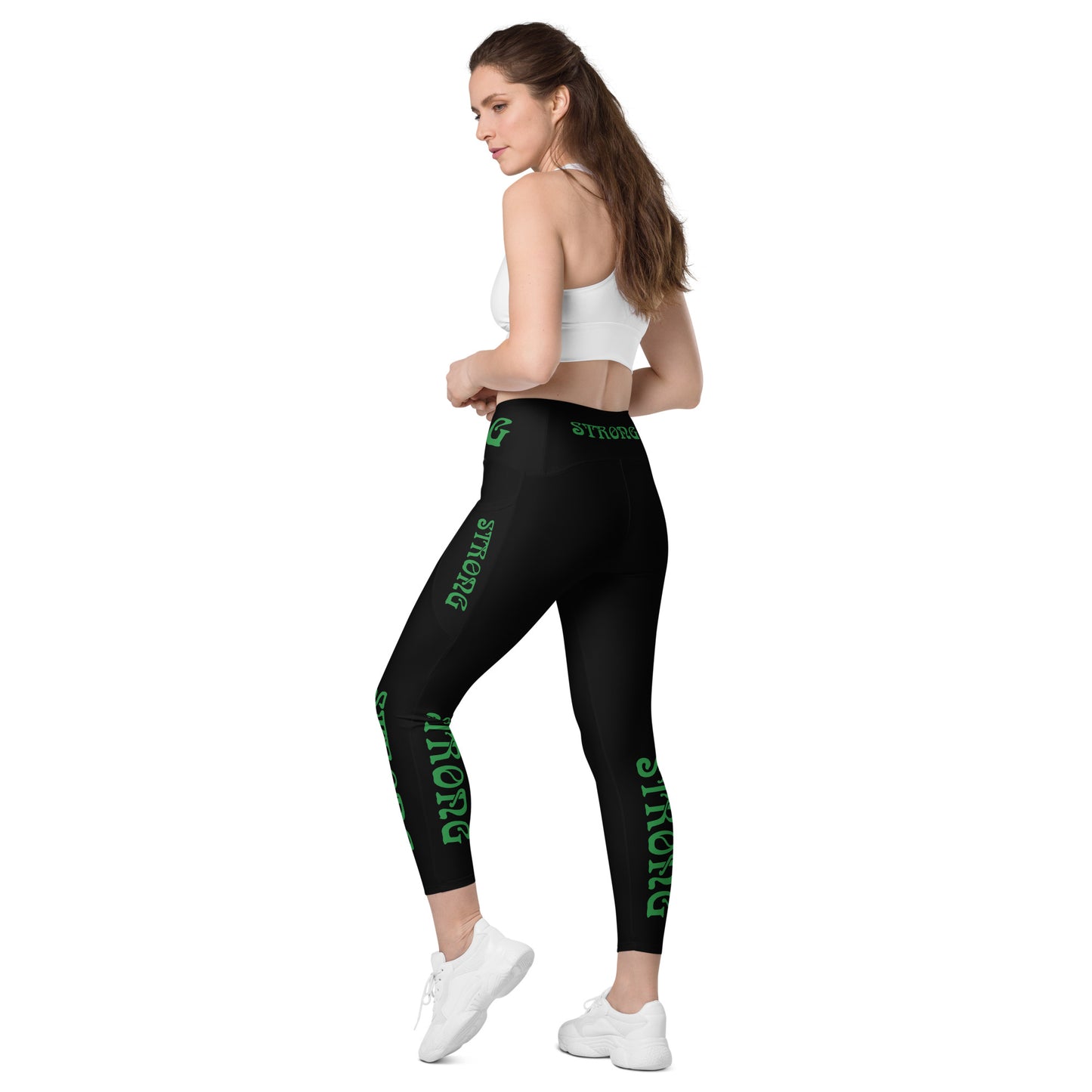 “STRONG” Black Leggings W/Pockets & Green Font