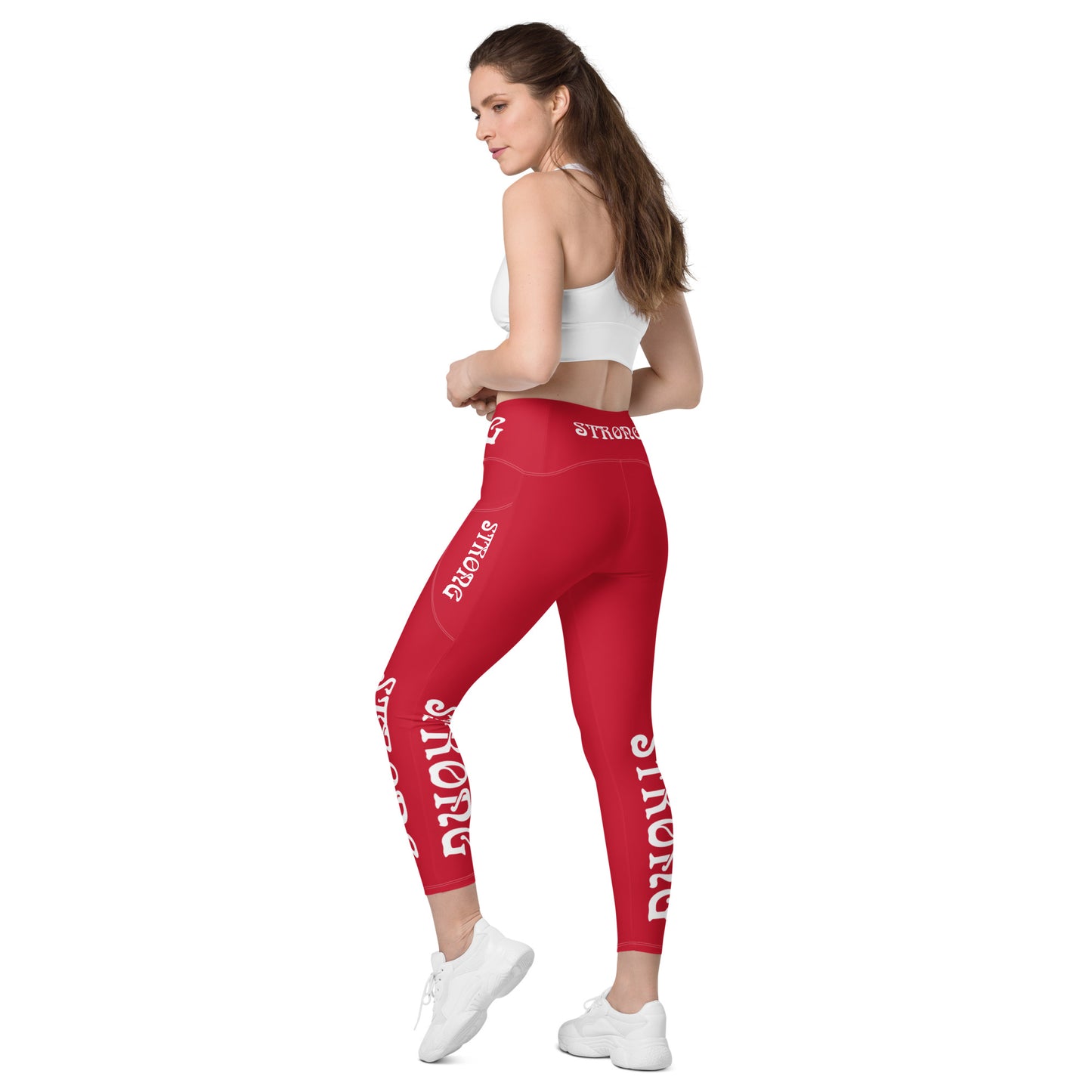 “STRONG”Red Leggings W/Pockets & White Font