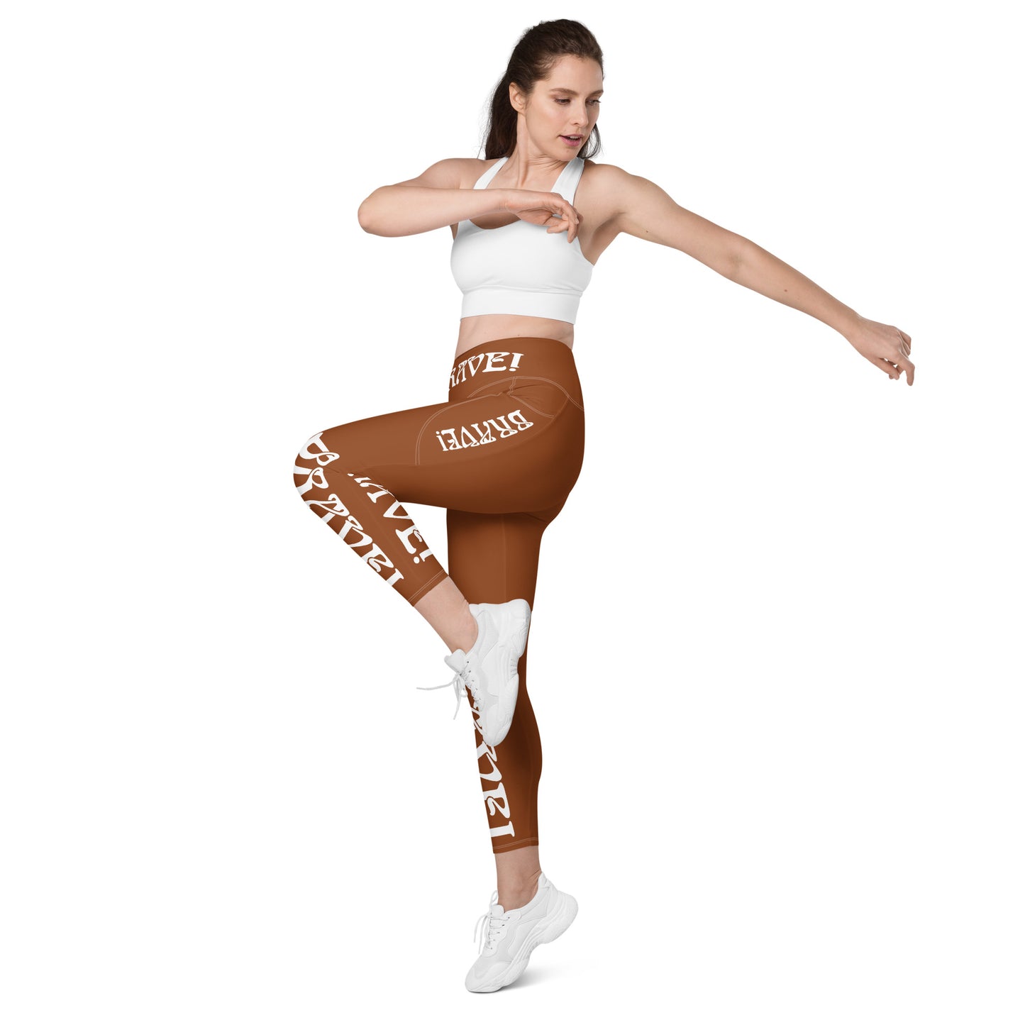 “BRAVE!”Brown Leggings W/Pockets & White Font