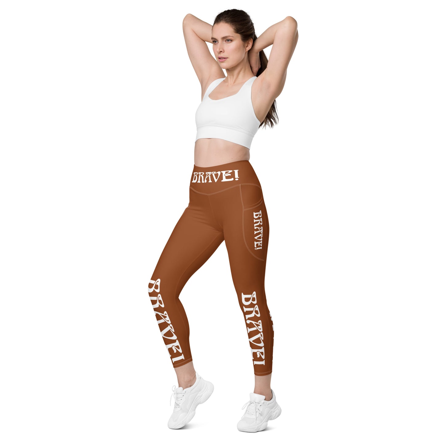 “BRAVE!”Brown Leggings W/Pockets & White Font