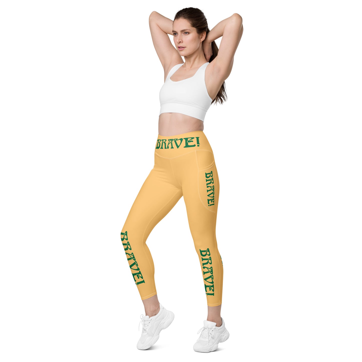 “BRAVE!” Chardonnay Leggings W/Pockets & Green Font