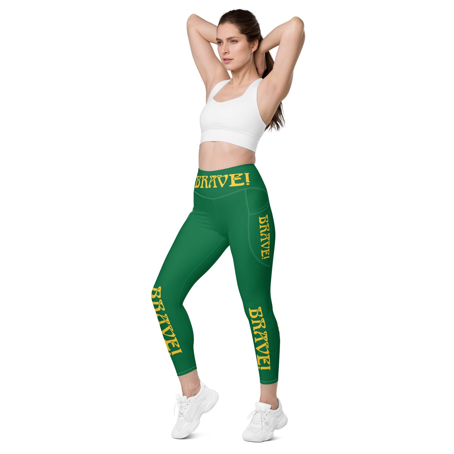 “BRAVE!” Green Leggings W/Pockets & Yellow Font