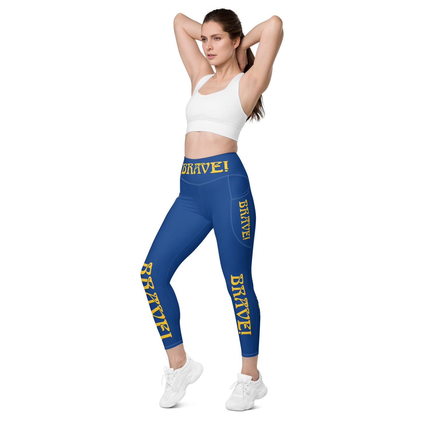 “BRAVE!” Blue Leggings W/Pockets & Yellow Font