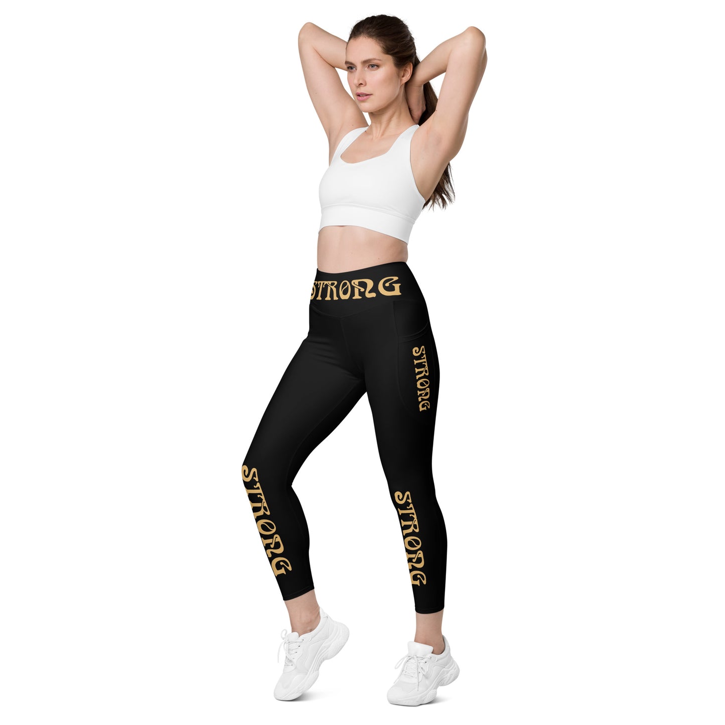 “STRONG” Black Leggings W/Pockets & Fawn Font