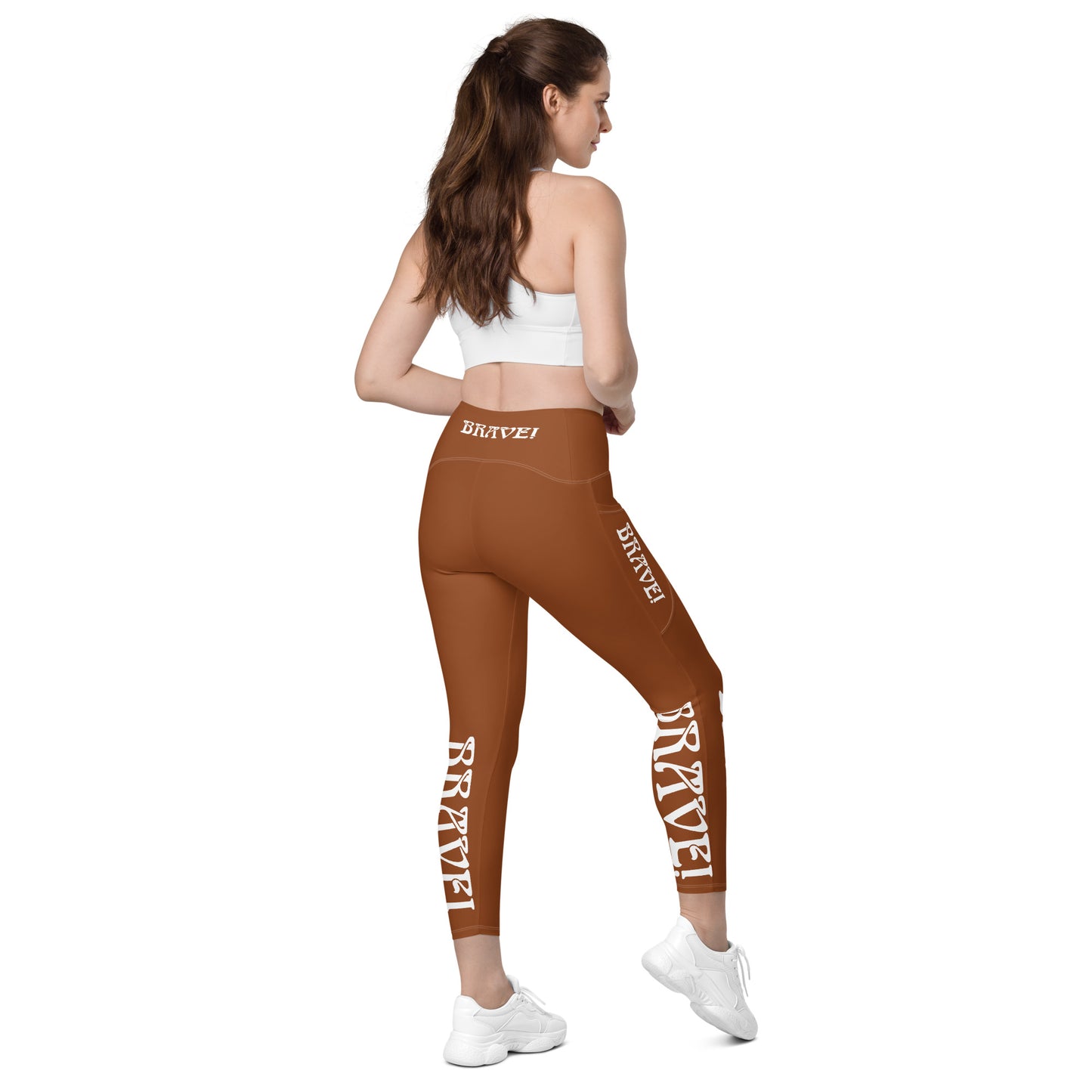 “BRAVE!”Brown Leggings W/Pockets & White Font