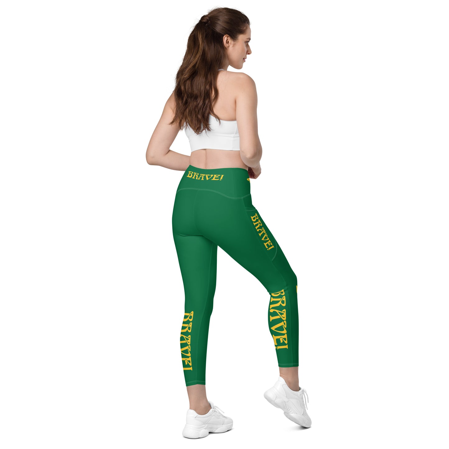 “BRAVE!” Green Leggings W/Pockets & Yellow Font