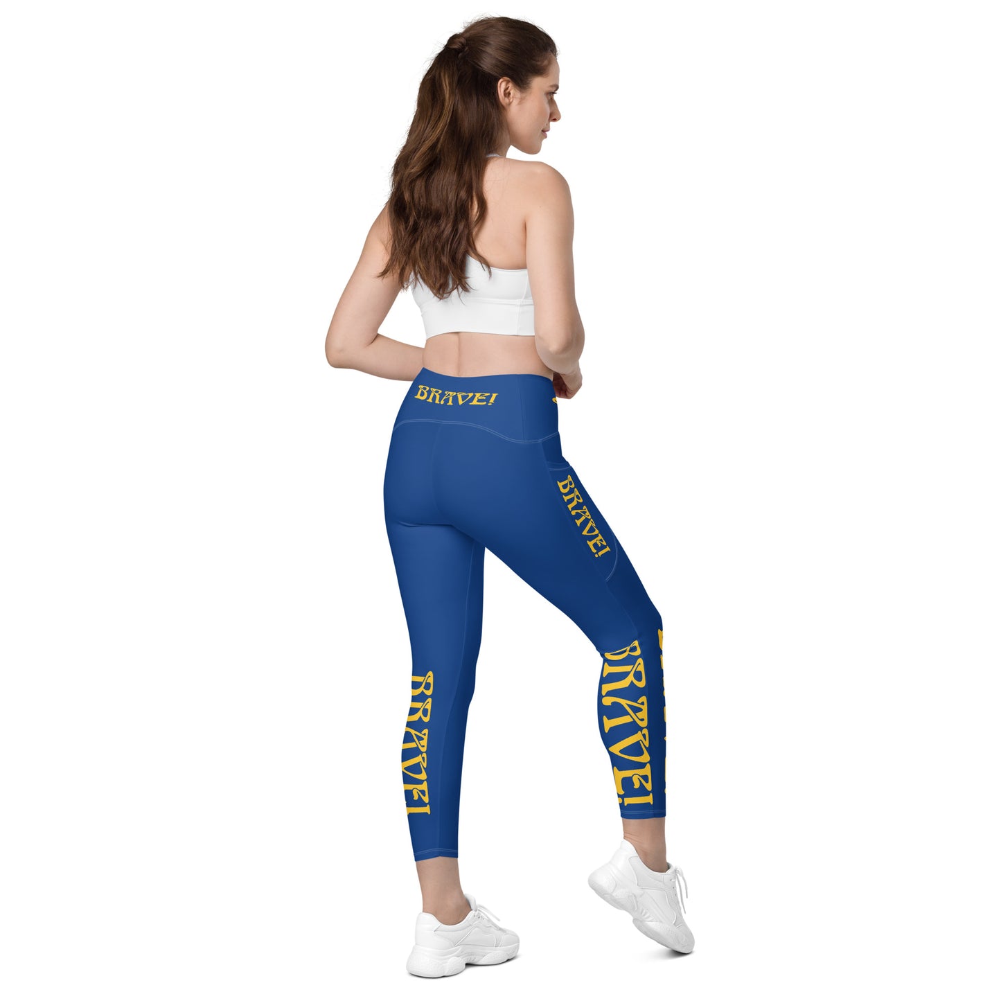 “BRAVE!” Blue Leggings W/Pockets & Yellow Font