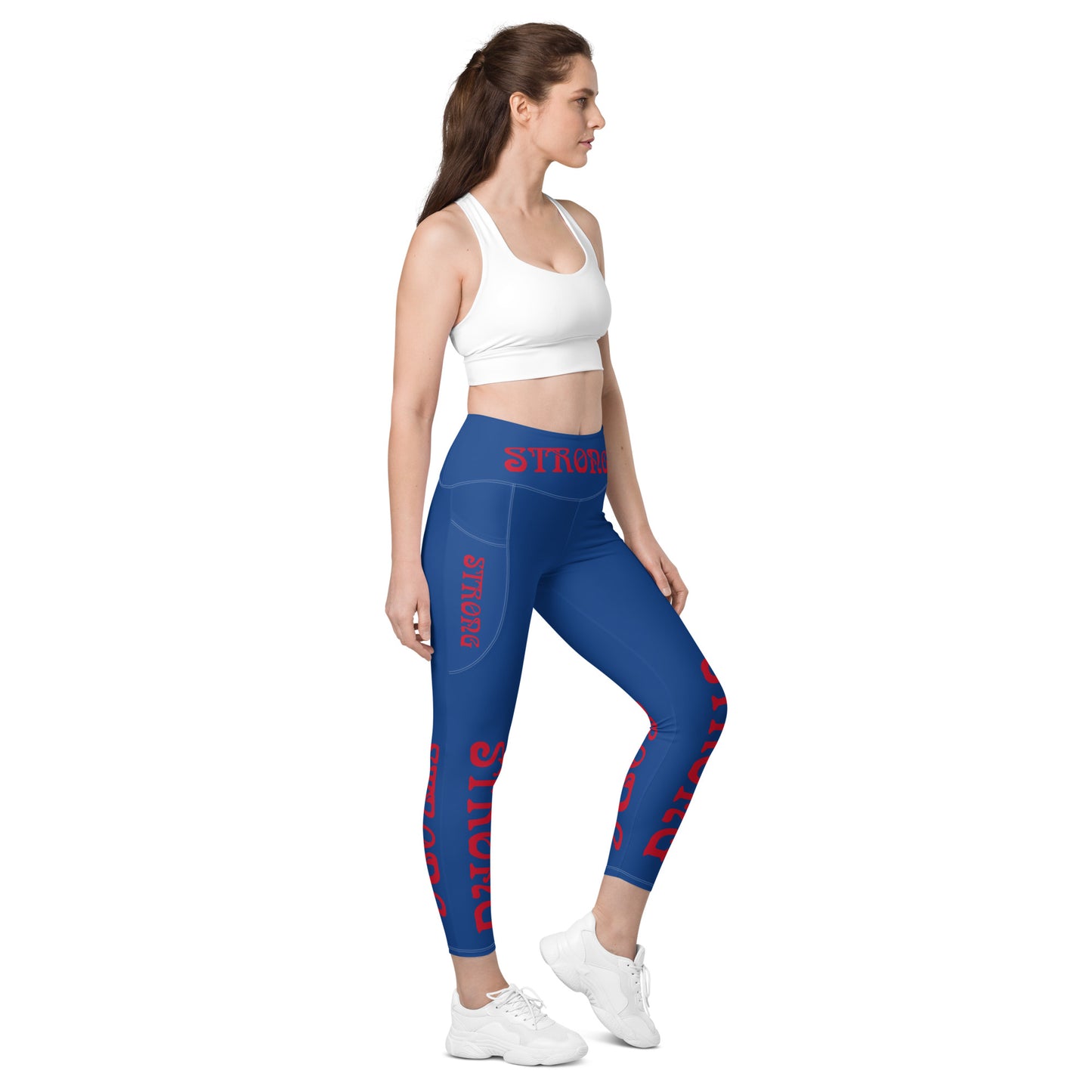 “STRONG” Blue Leggings W/Pockets & Red Font