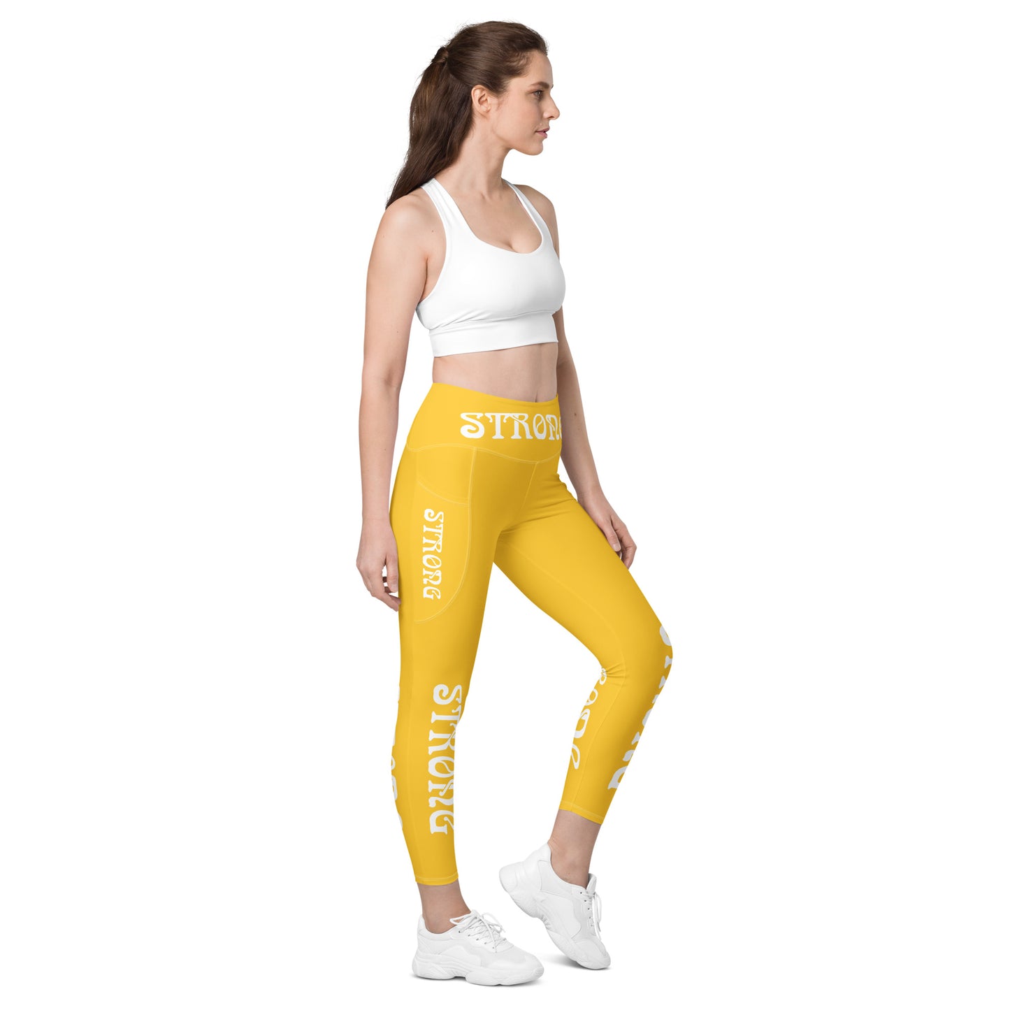 “STRONG” Yellow Leggings W/Pockets & White Font