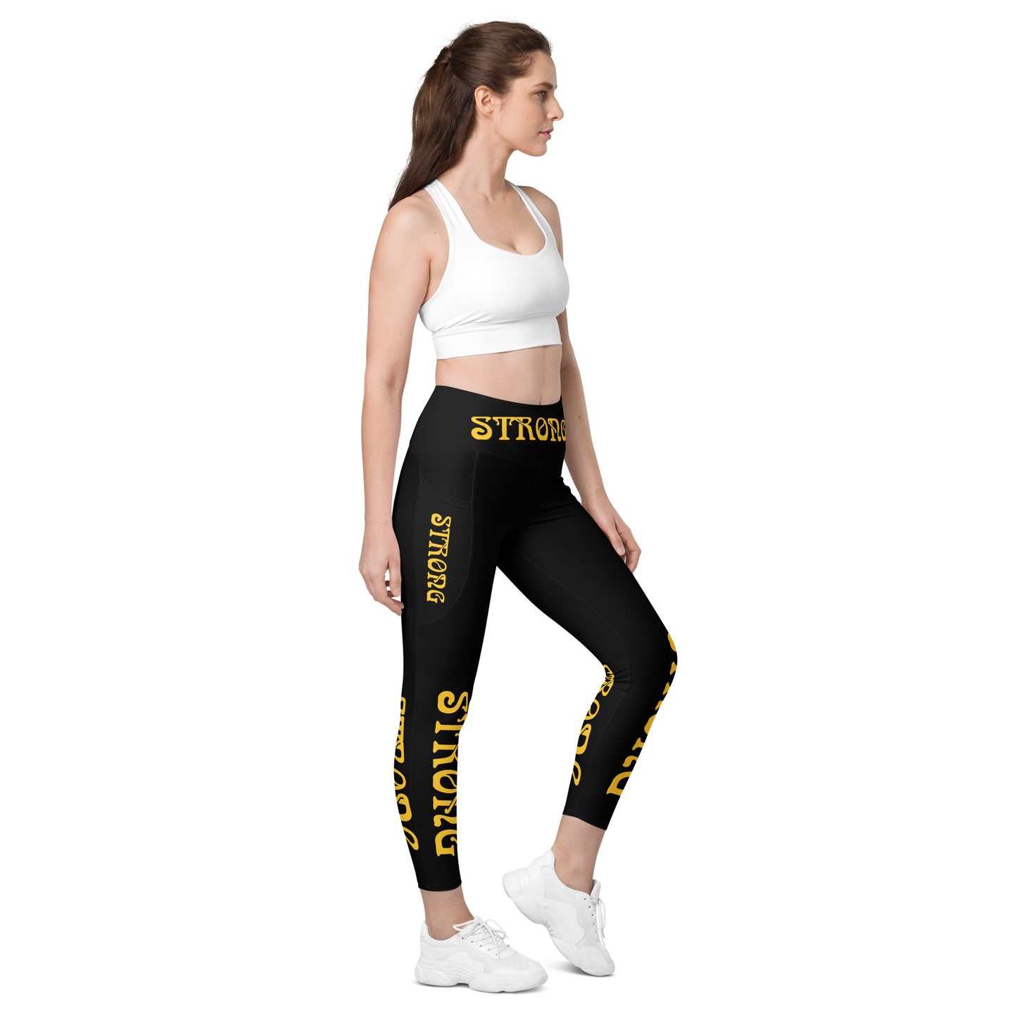 “STRONG” Black Leggings W/Pockets & Yellow Font