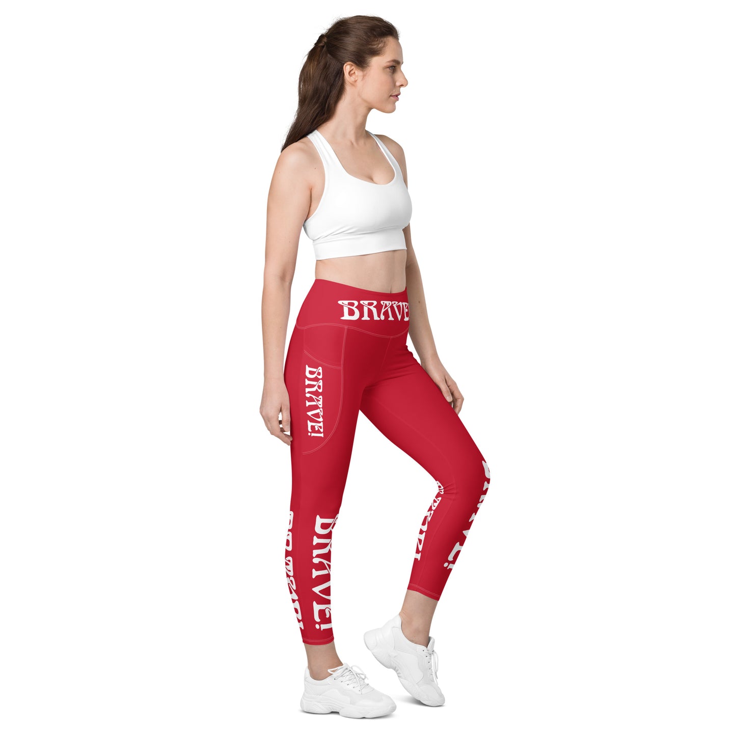 “BRAVE!” Red Leggings W/Pockets & White Font