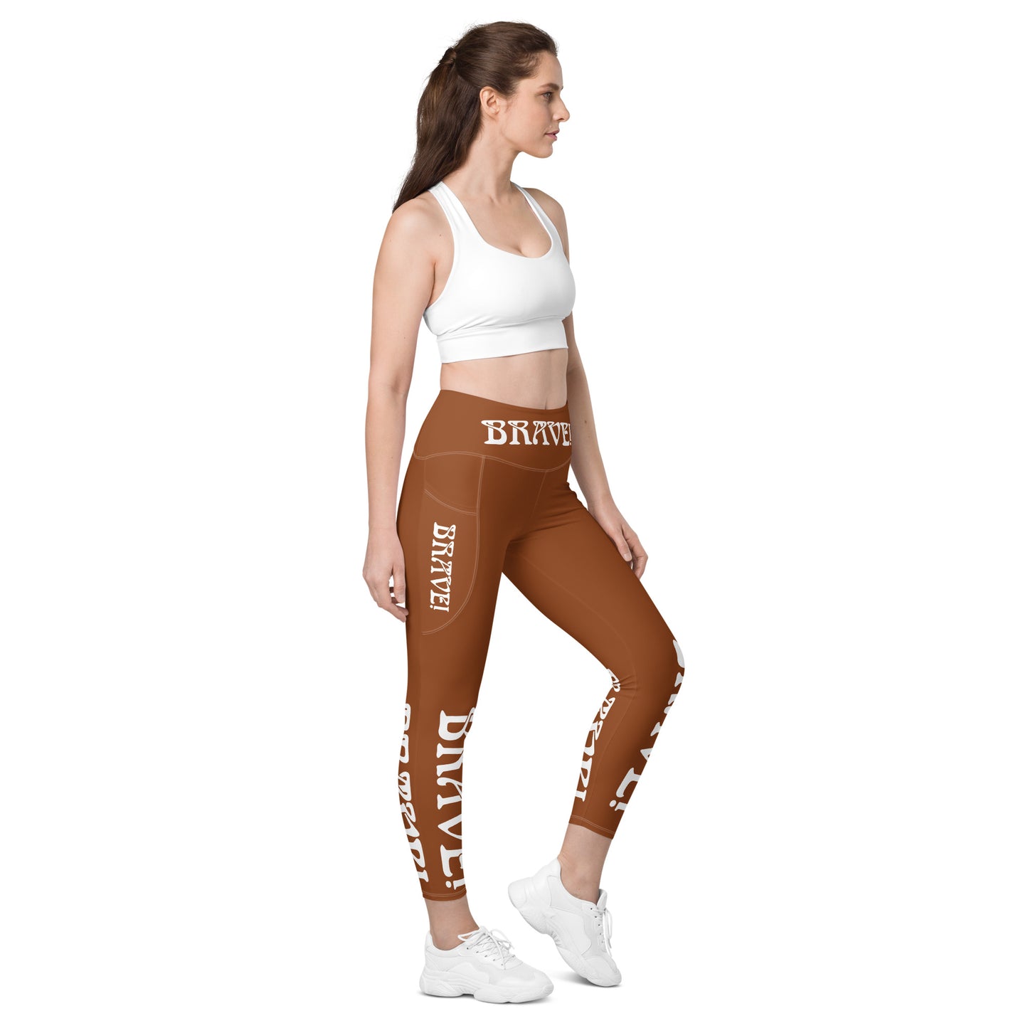 “BRAVE!”Brown Leggings W/Pockets & White Font