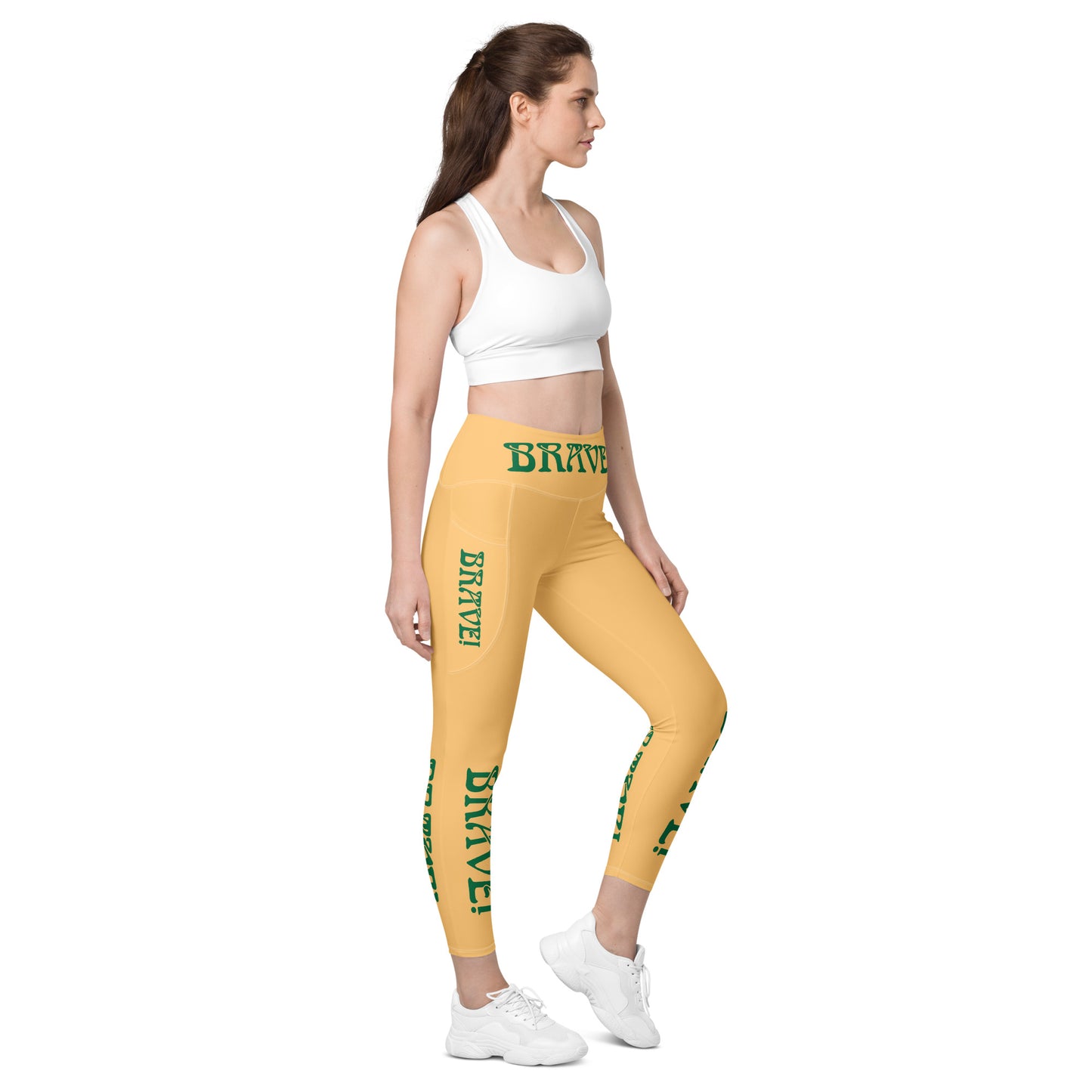 “BRAVE!” Chardonnay Leggings W/Pockets & Green Font