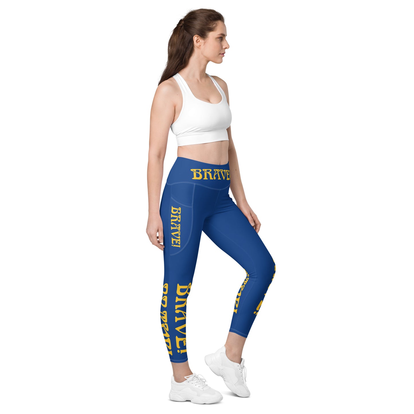 “BRAVE!” Blue Leggings W/Pockets & Yellow Font