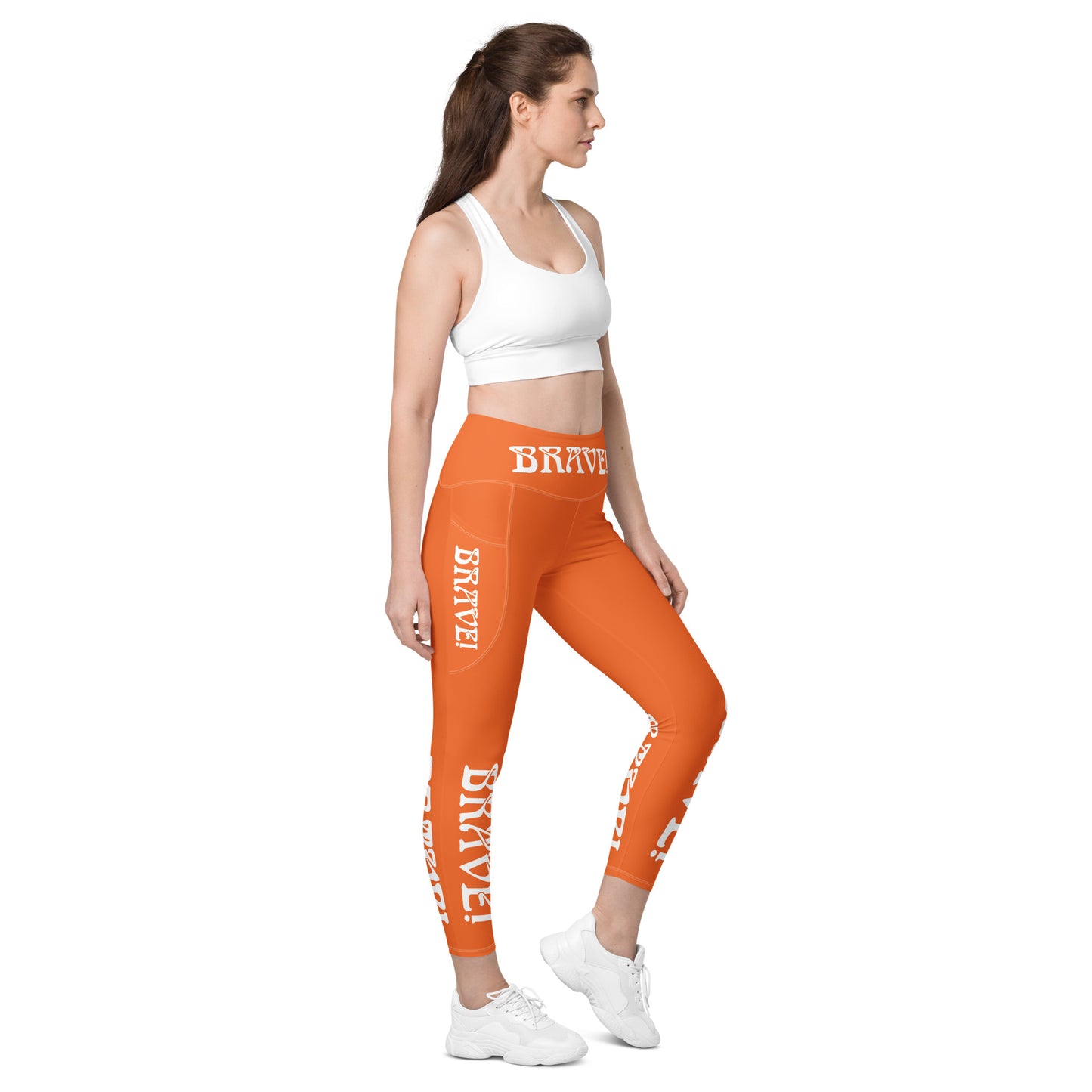 “BRAVE!” Orange Leggings W/Pockets & White Font