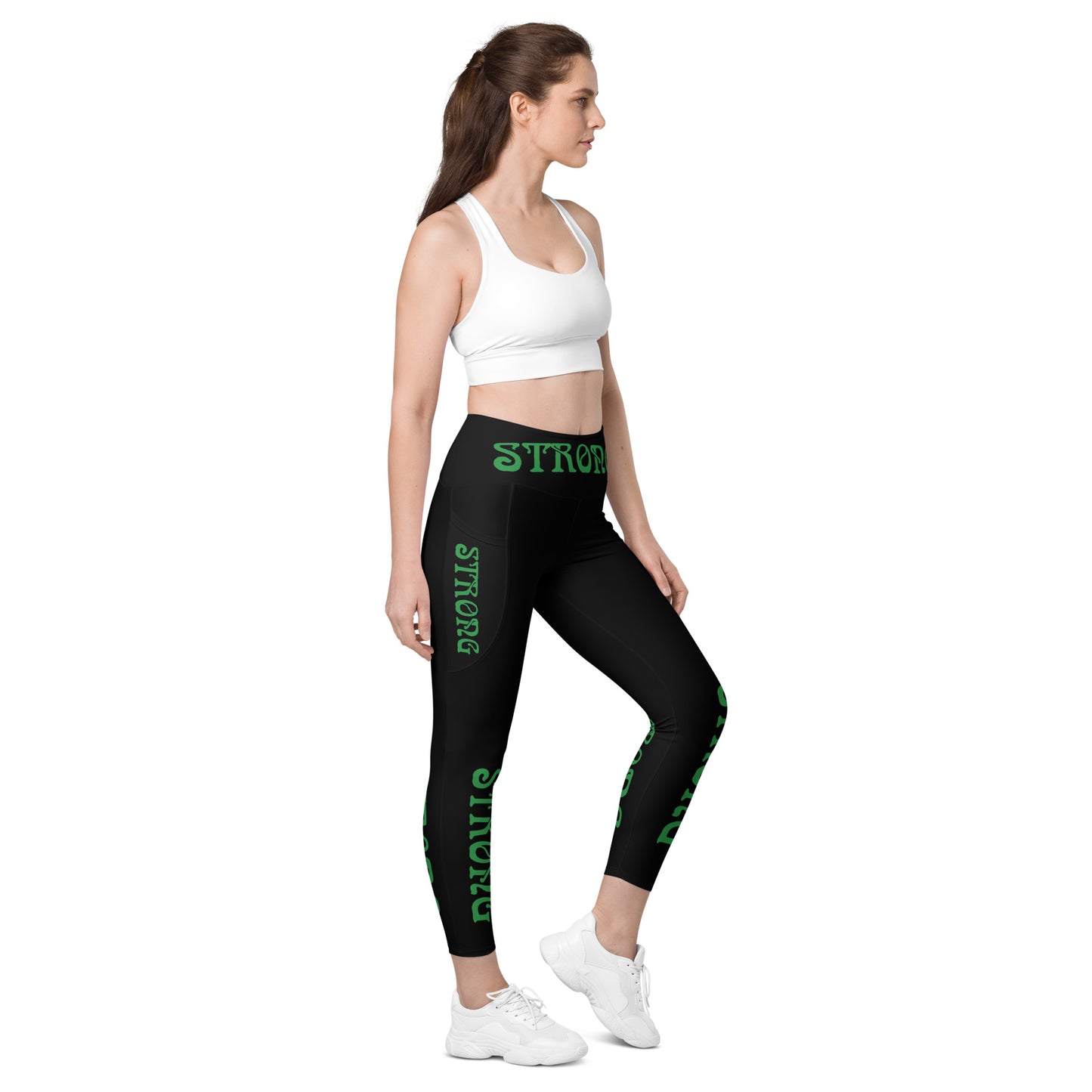 “STRONG” Black Leggings W/Pockets & Green Font