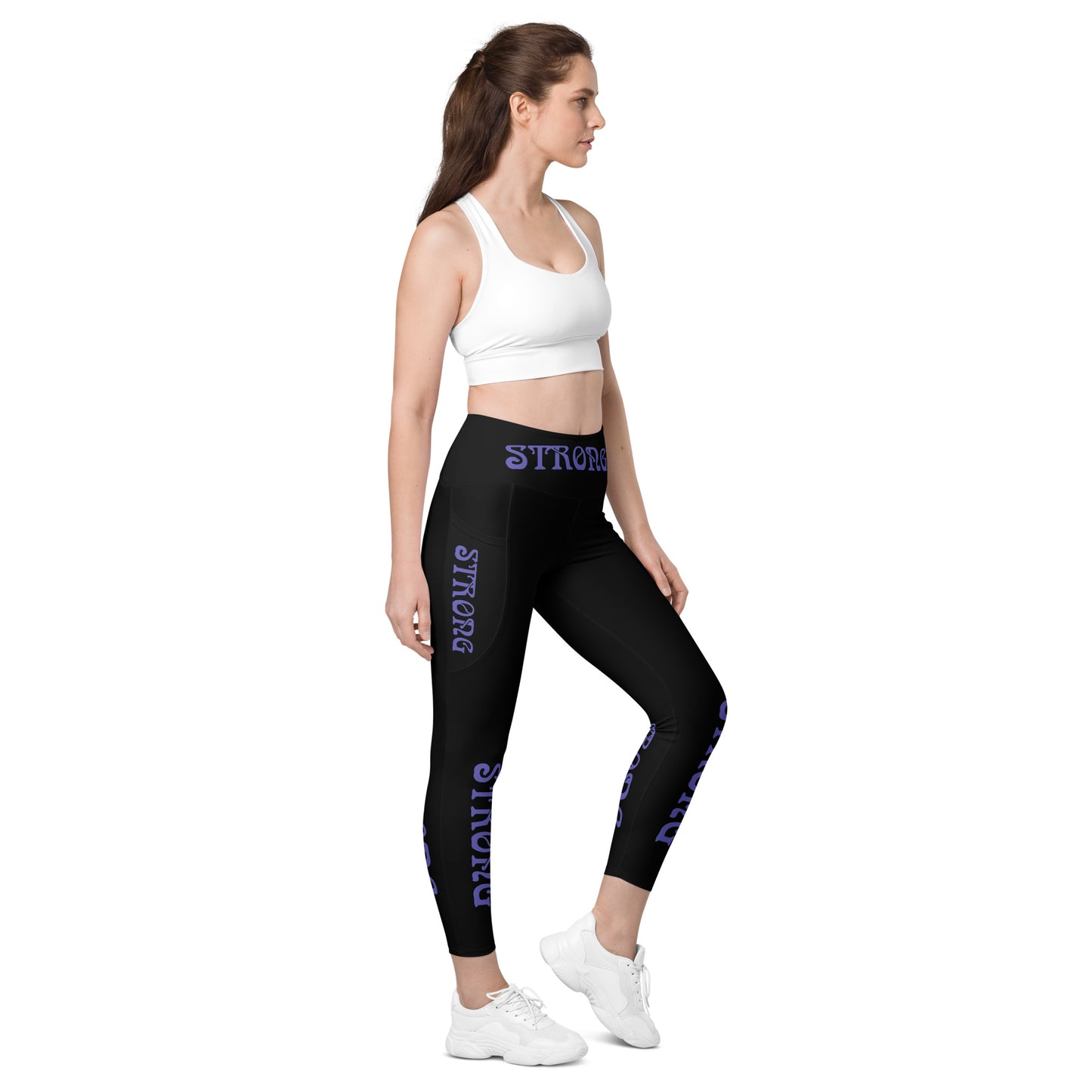 “STRONG” Black Leggings W/Pockets & Purple Font