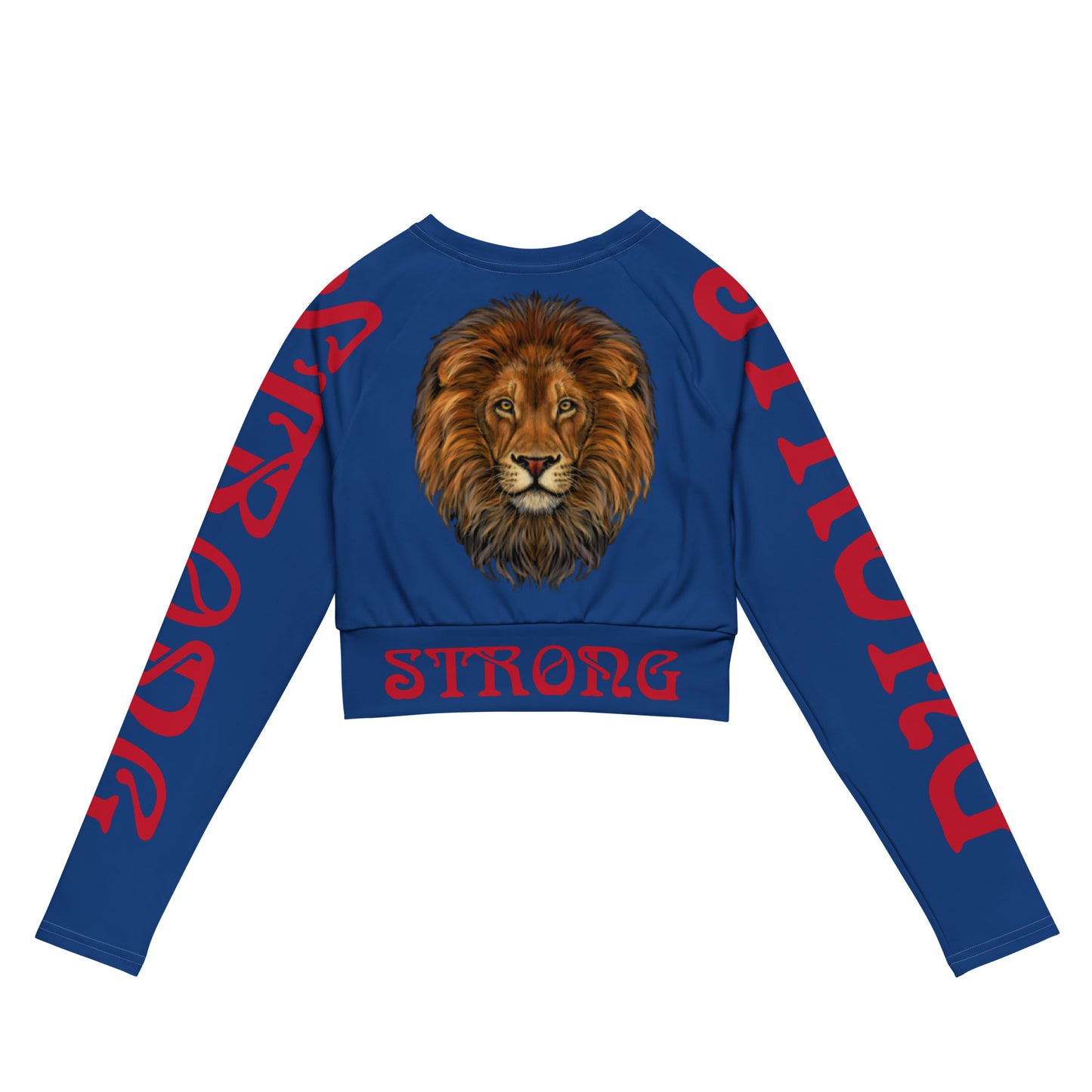 “STRONG” Blue Long-Sleeve Crop Top W/Red Font