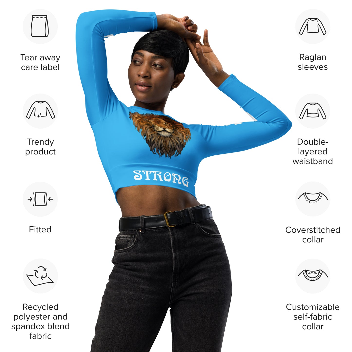 “STRONG”SkyBlue Long-Sleeve Crop Top W/White Font