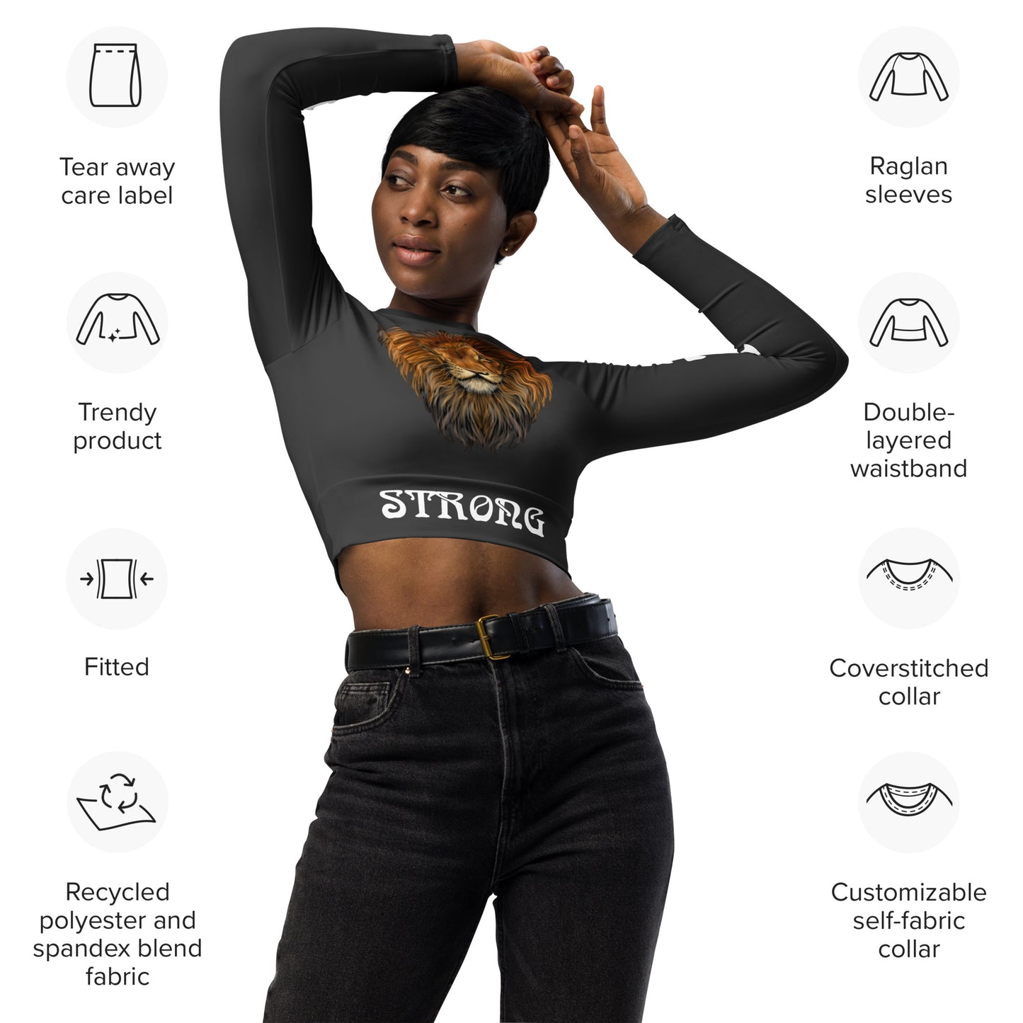 “STRONG” Grey Long-Sleeve Crop Top W/White Font