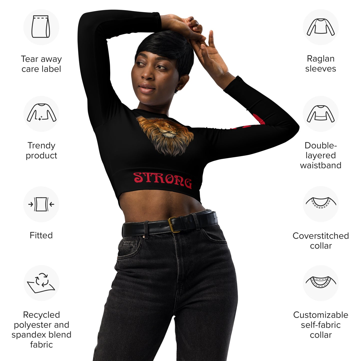 “STRONG” Black Long-Sleeve Crop Top W/Red Font