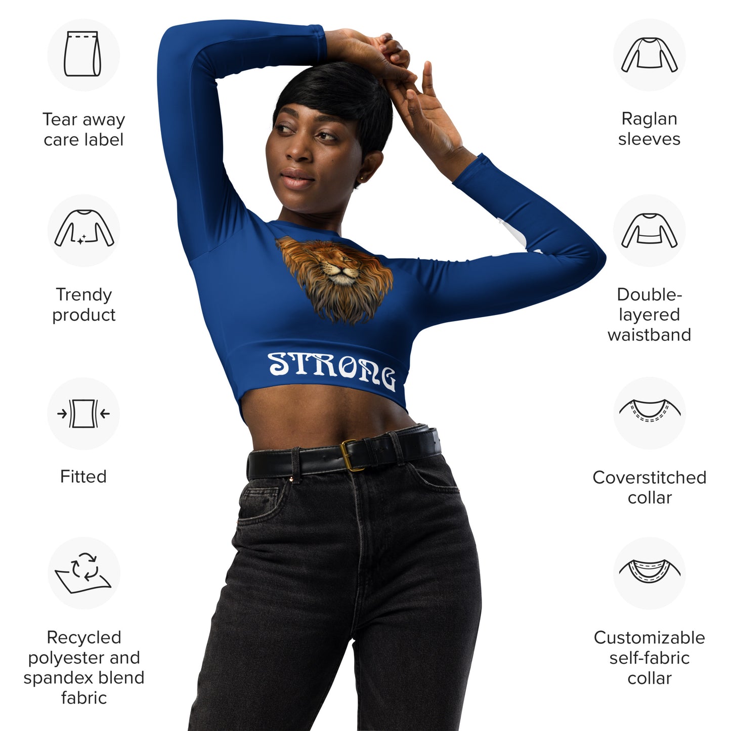 “STRONG” Blue Long-Sleeve Crop Top W/White Font