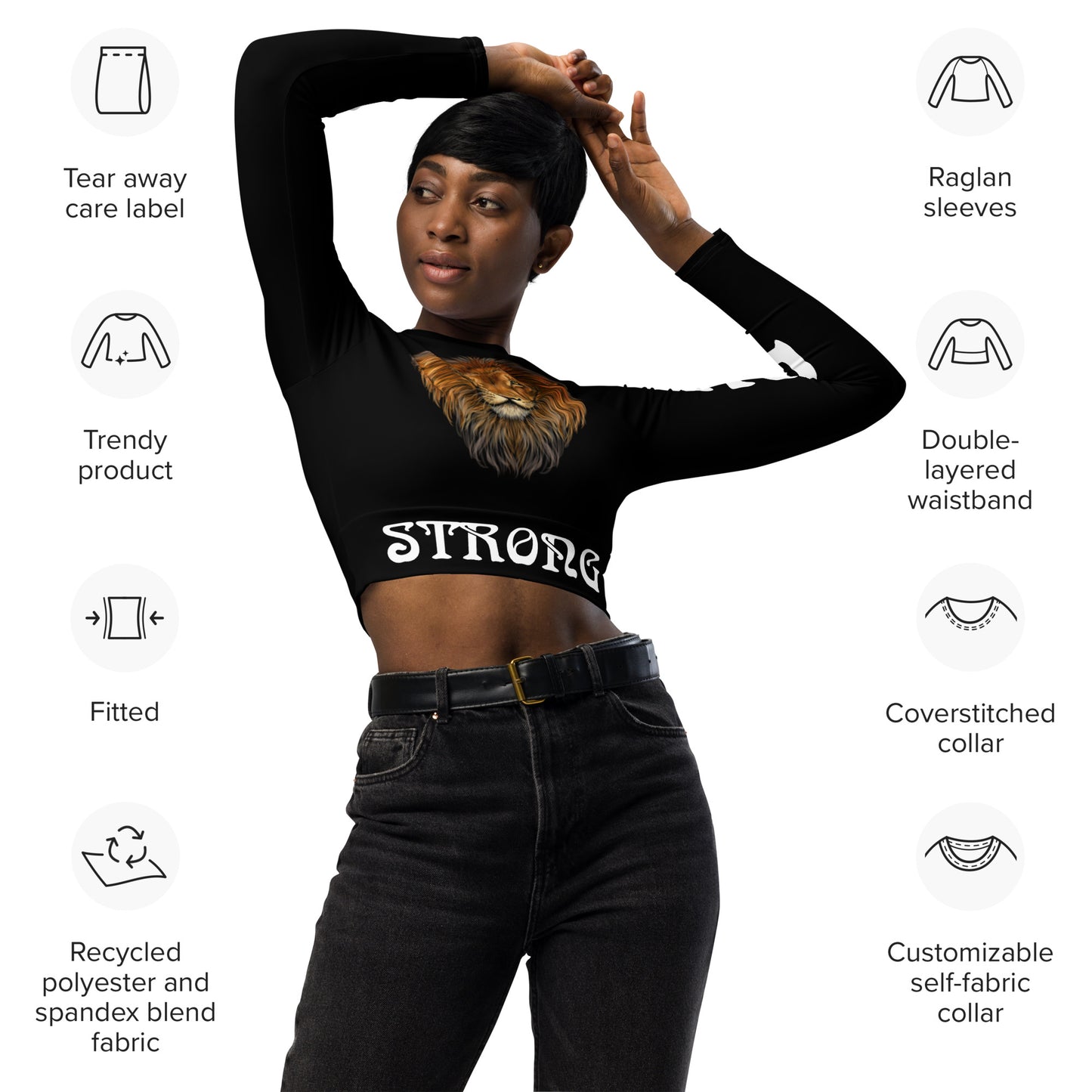 “STRONG” Black Long-Sleeve Crop Top W/White Font