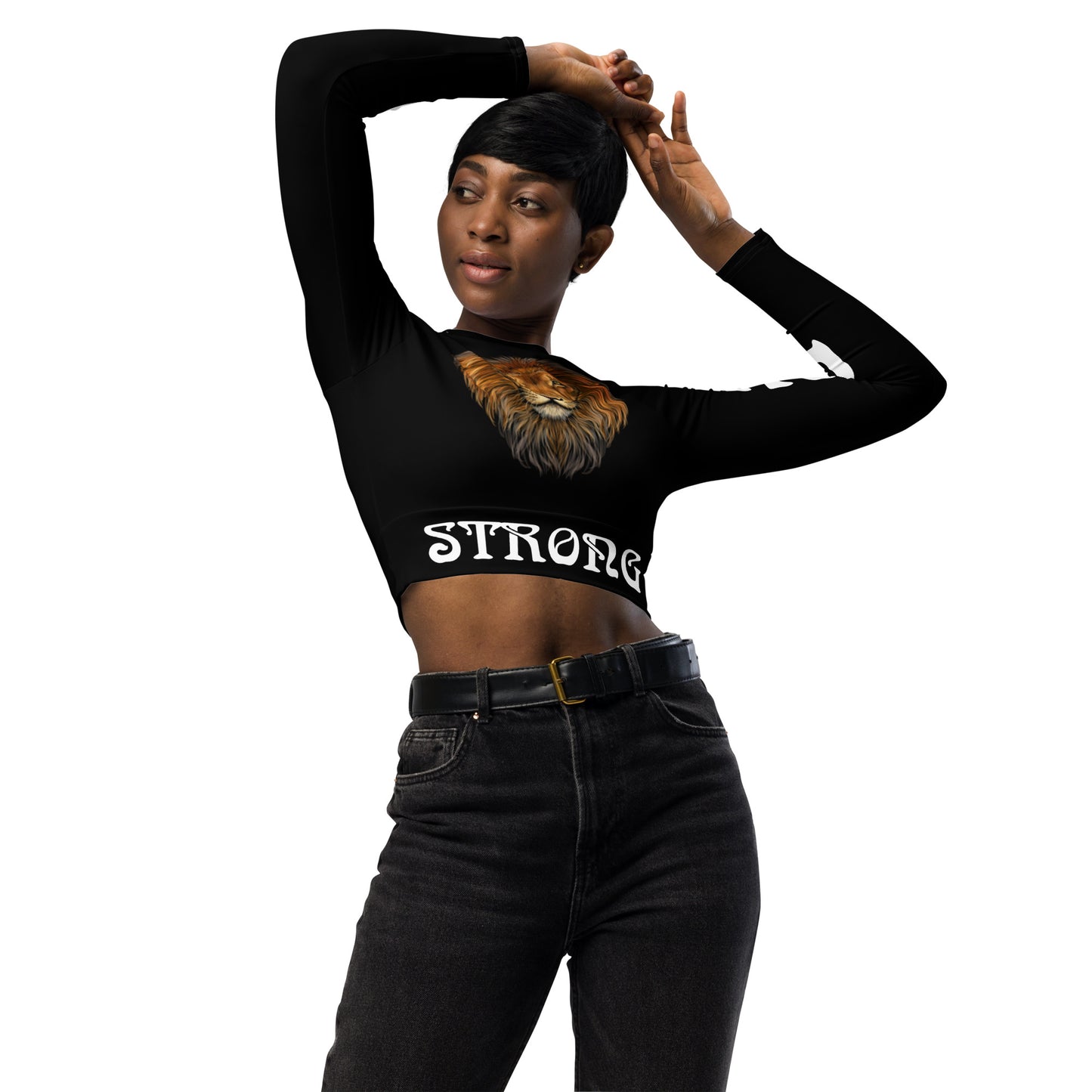 “STRONG” Black Long-Sleeve Crop Top W/White Font