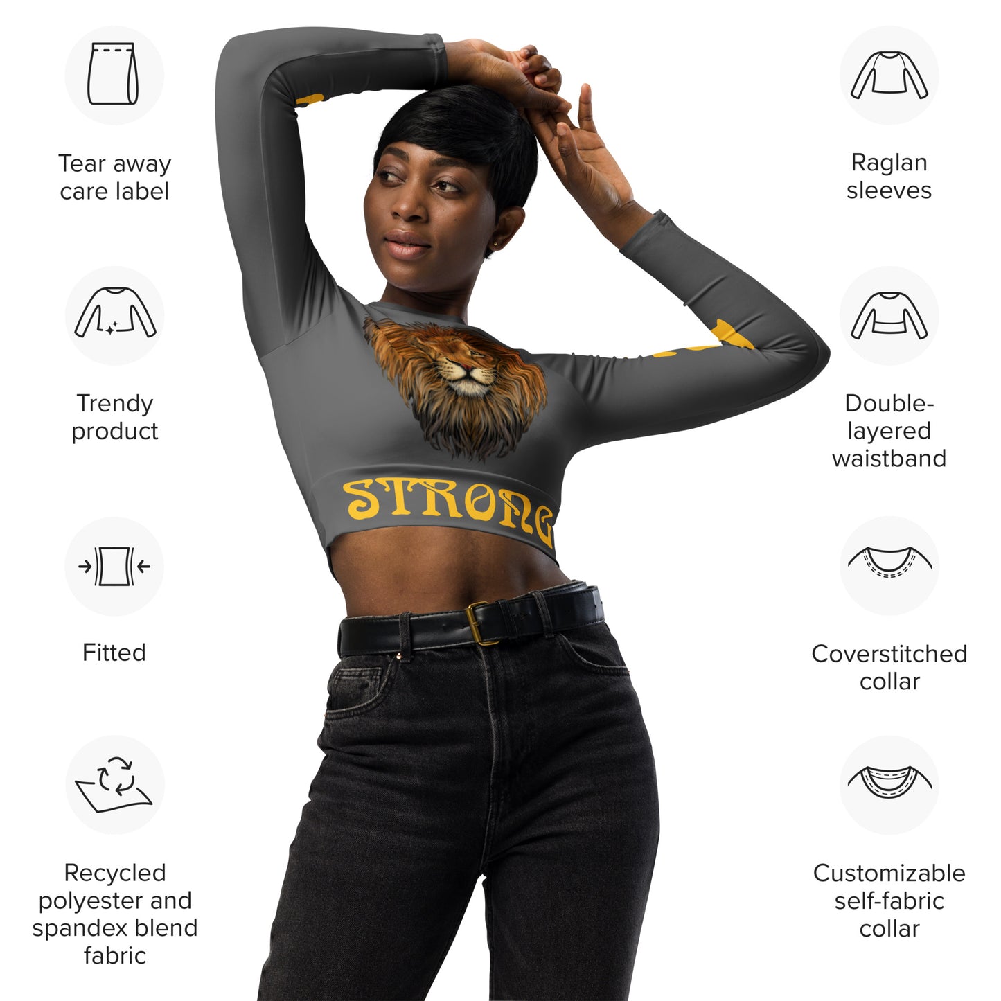 “STRONG” Grey Long-Sleeve Crop Top W/Yellow Font