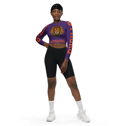 “STRONG” Purple Long-Sleeve Crop Top W/Orange Font