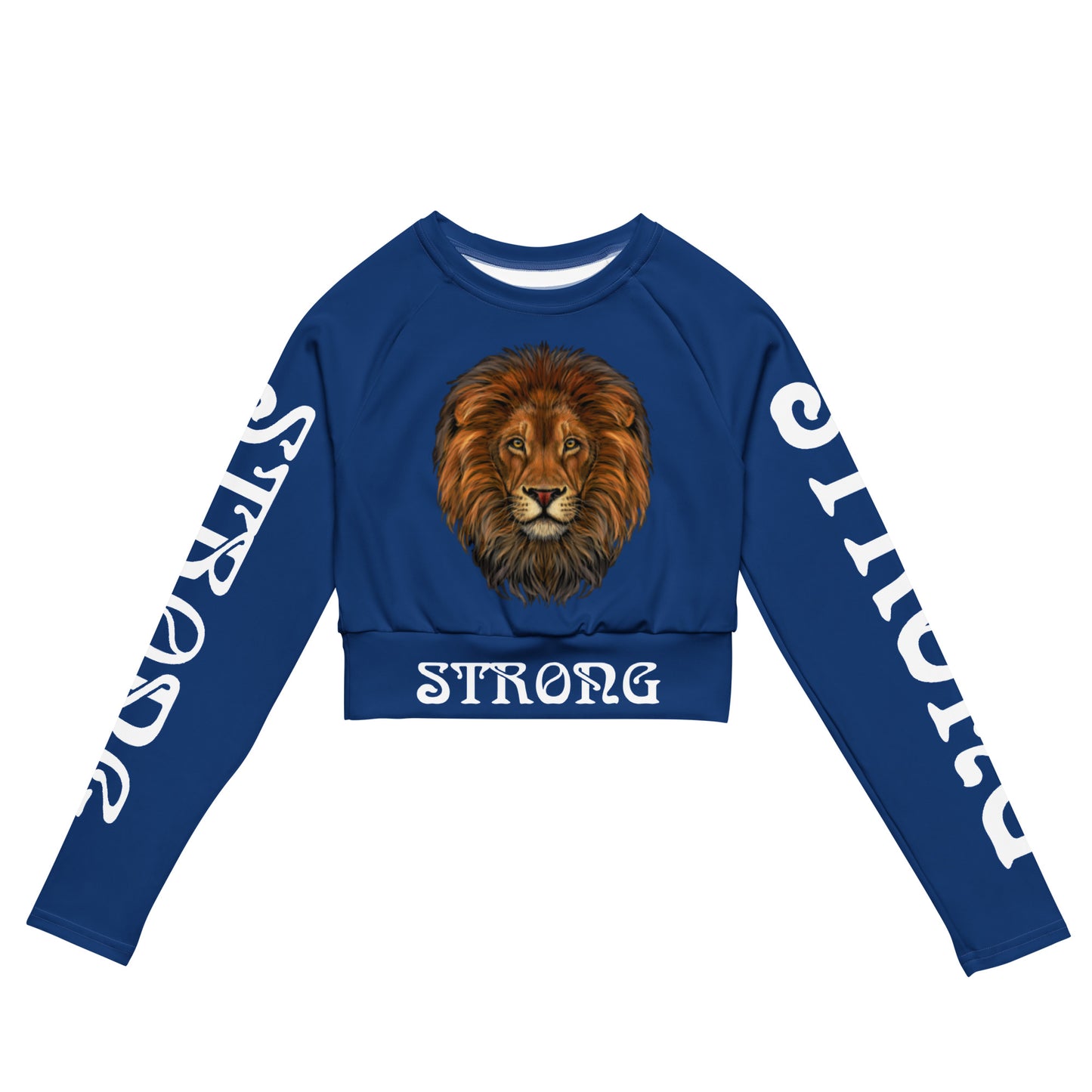 “STRONG” Blue Long-Sleeve Crop Top W/White Font