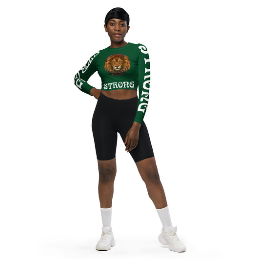 “STRONG” Green Long-Sleeve Crop Top W/White Font