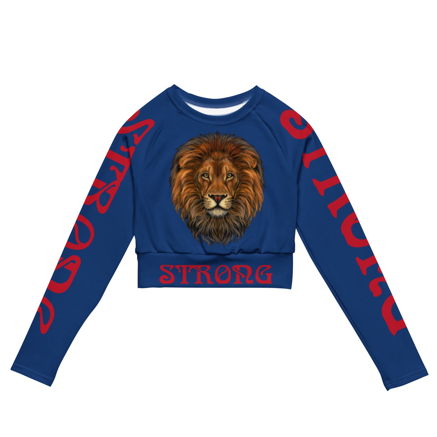 “STRONG” Blue Long-Sleeve Crop Top W/Red Font