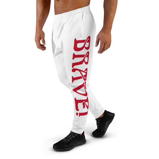 “BRAVE!”Men's White Joggers W/Red Font