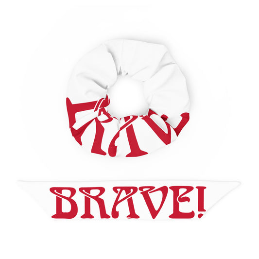 “BRAVE!”White Recycled Scrunchie W/Red Font