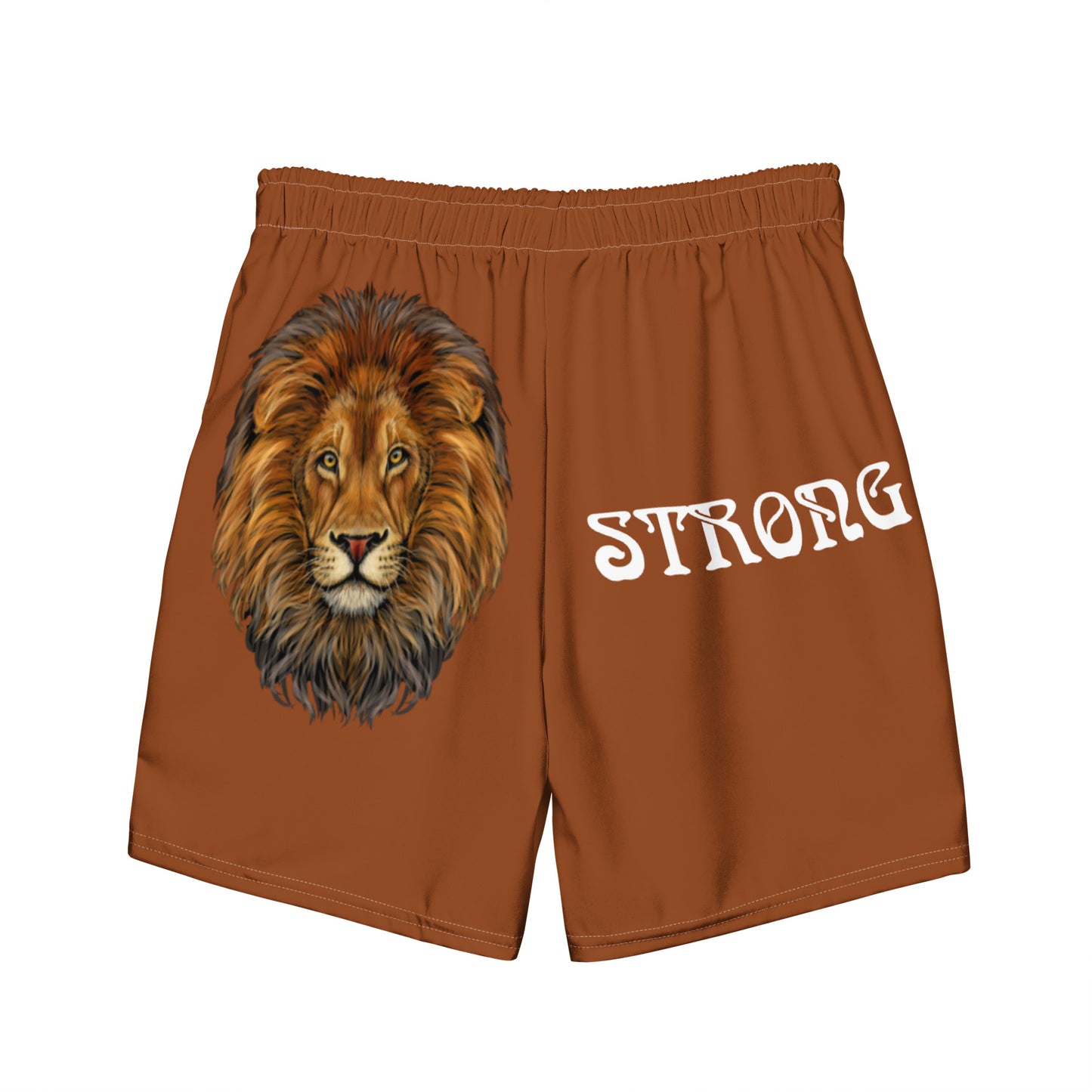 “STRONG” Brown Men's Swim Trunks W/White Font