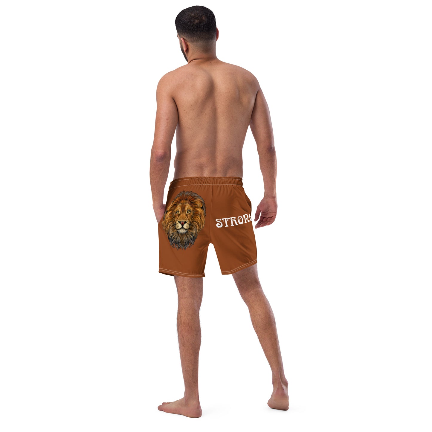 “STRONG” Brown Men's Swim Trunks W/White Font