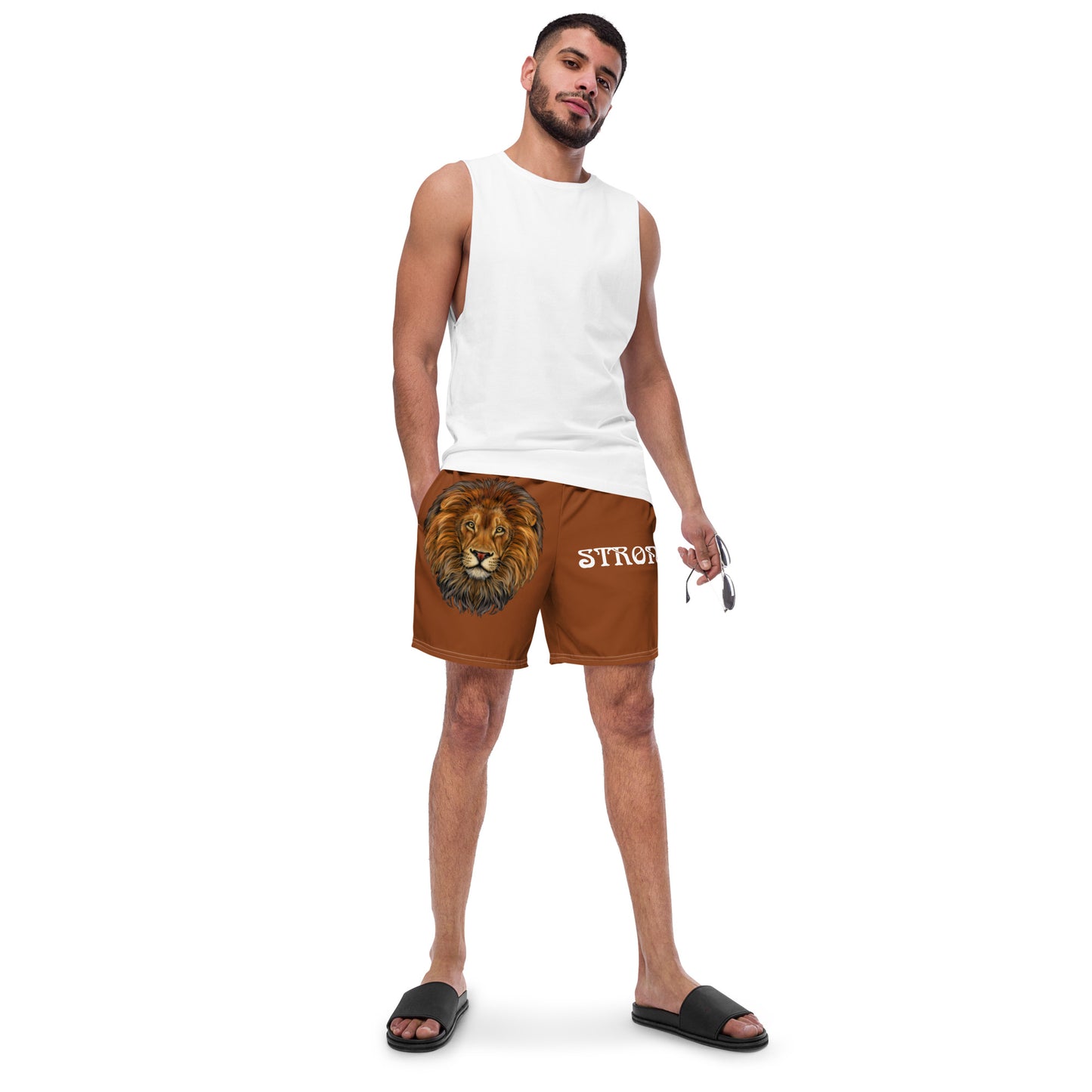 “STRONG” Brown Men's Swim Trunks W/White Font