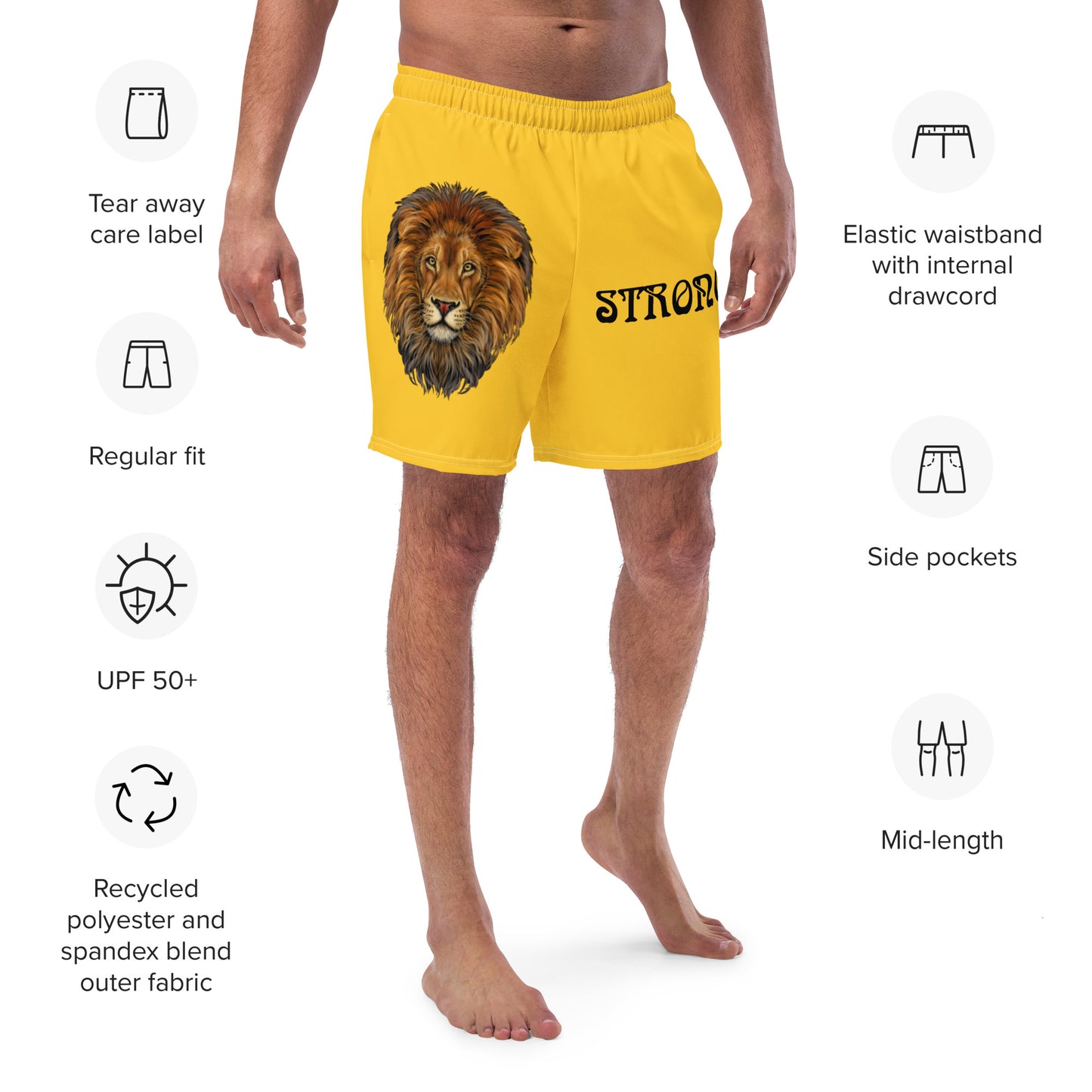 “STRONG” Yellow Men's Swim Trunks W/Black Font