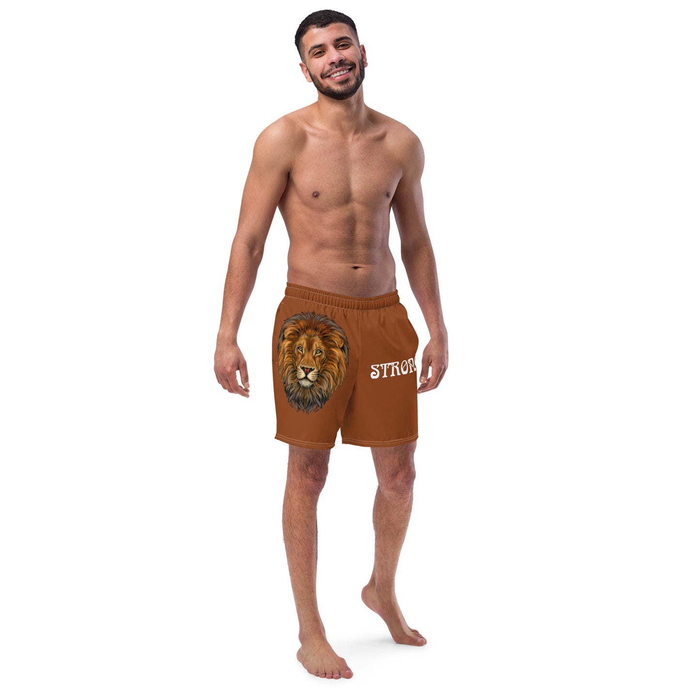 “STRONG” Brown Men's Swim Trunks W/White Font