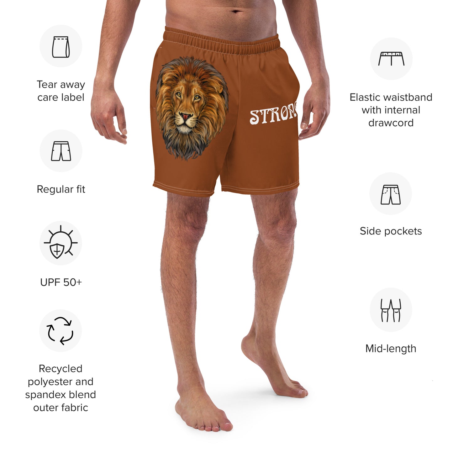 “STRONG” Brown Men's Swim Trunks W/White Font