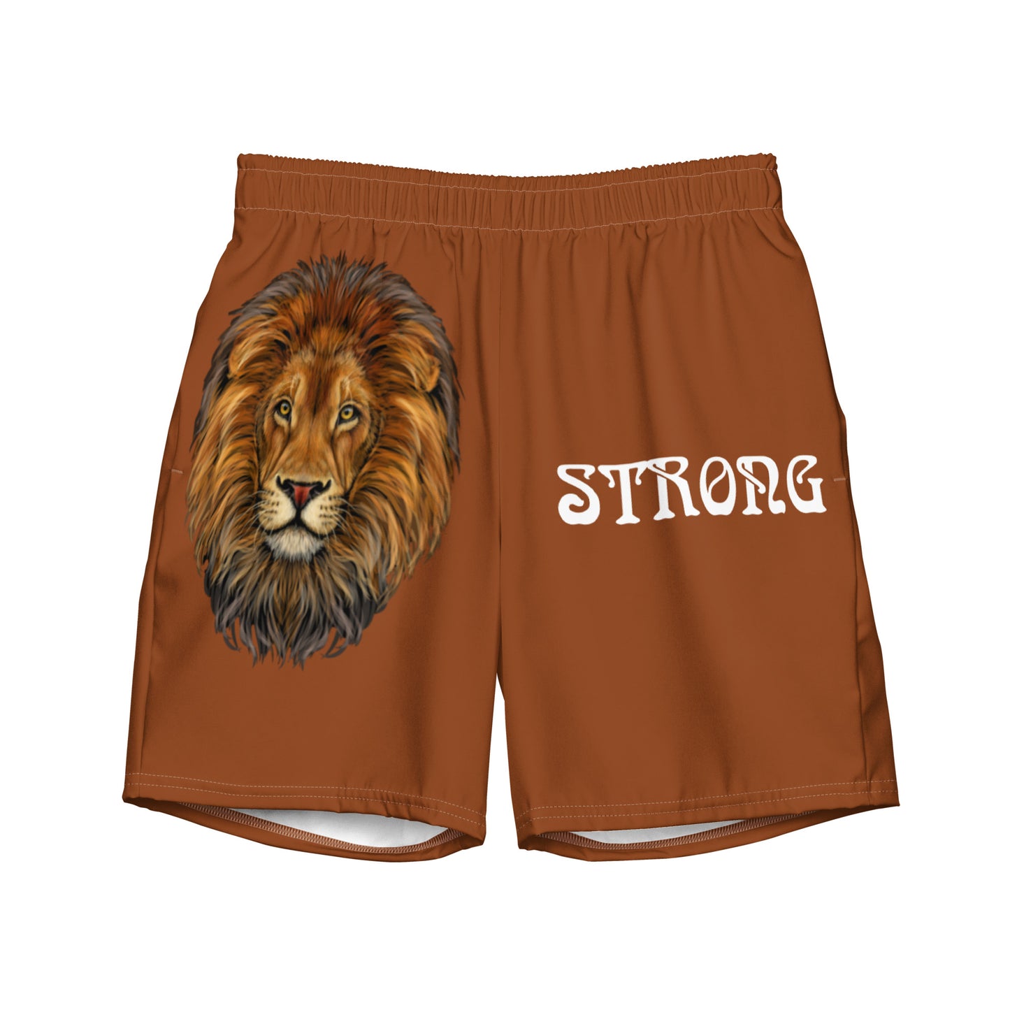 “STRONG” Brown Men's Swim Trunks W/White Font