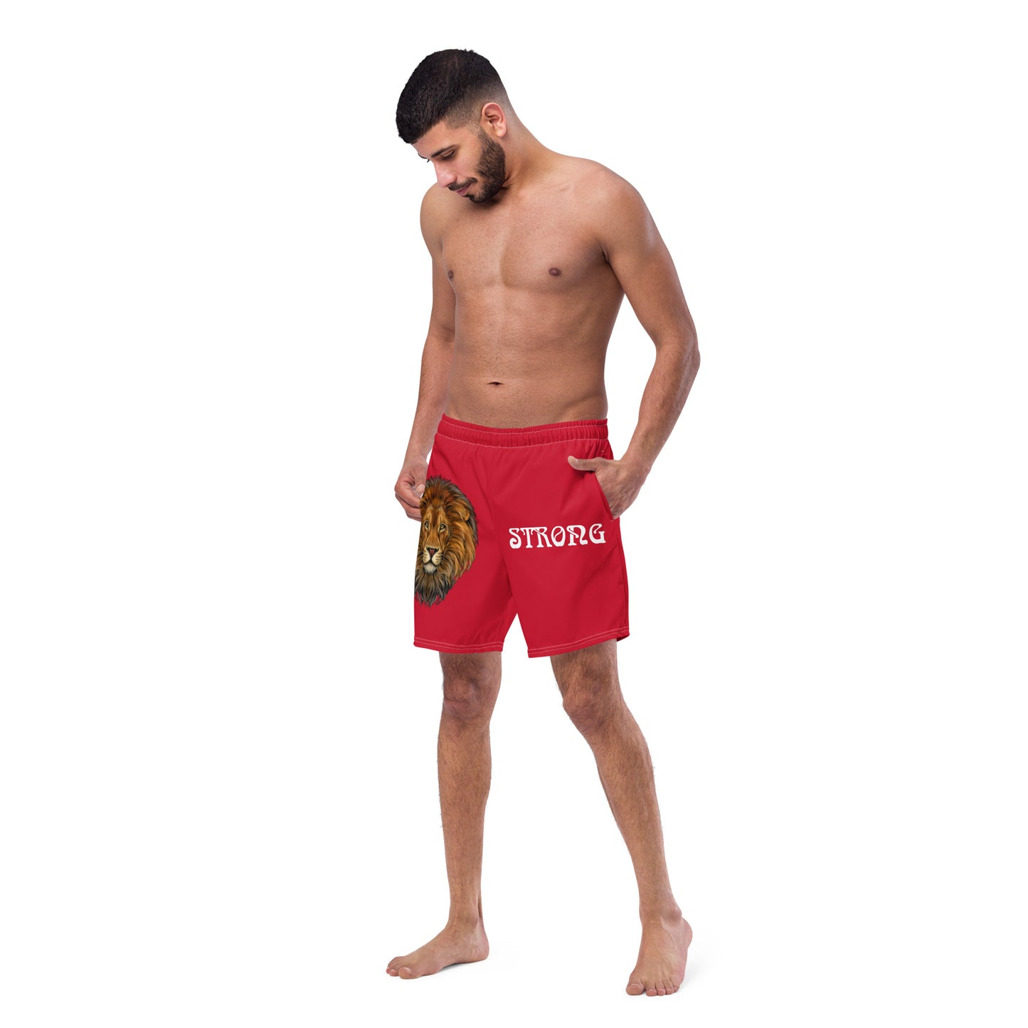 “STRONG” Red Men's Swim Trunks W/White Font