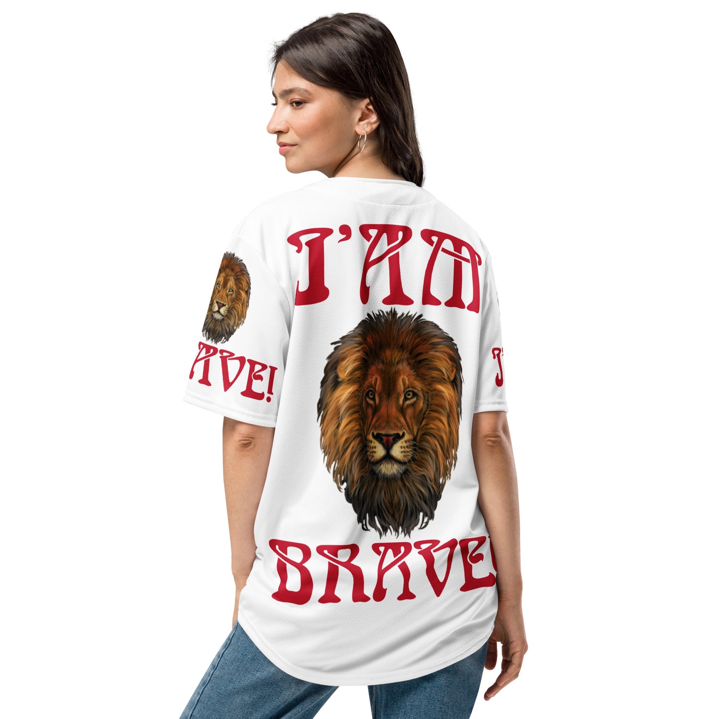 “I’AM BRAVE!” White Unisex Baseball Jersey W/Red Font