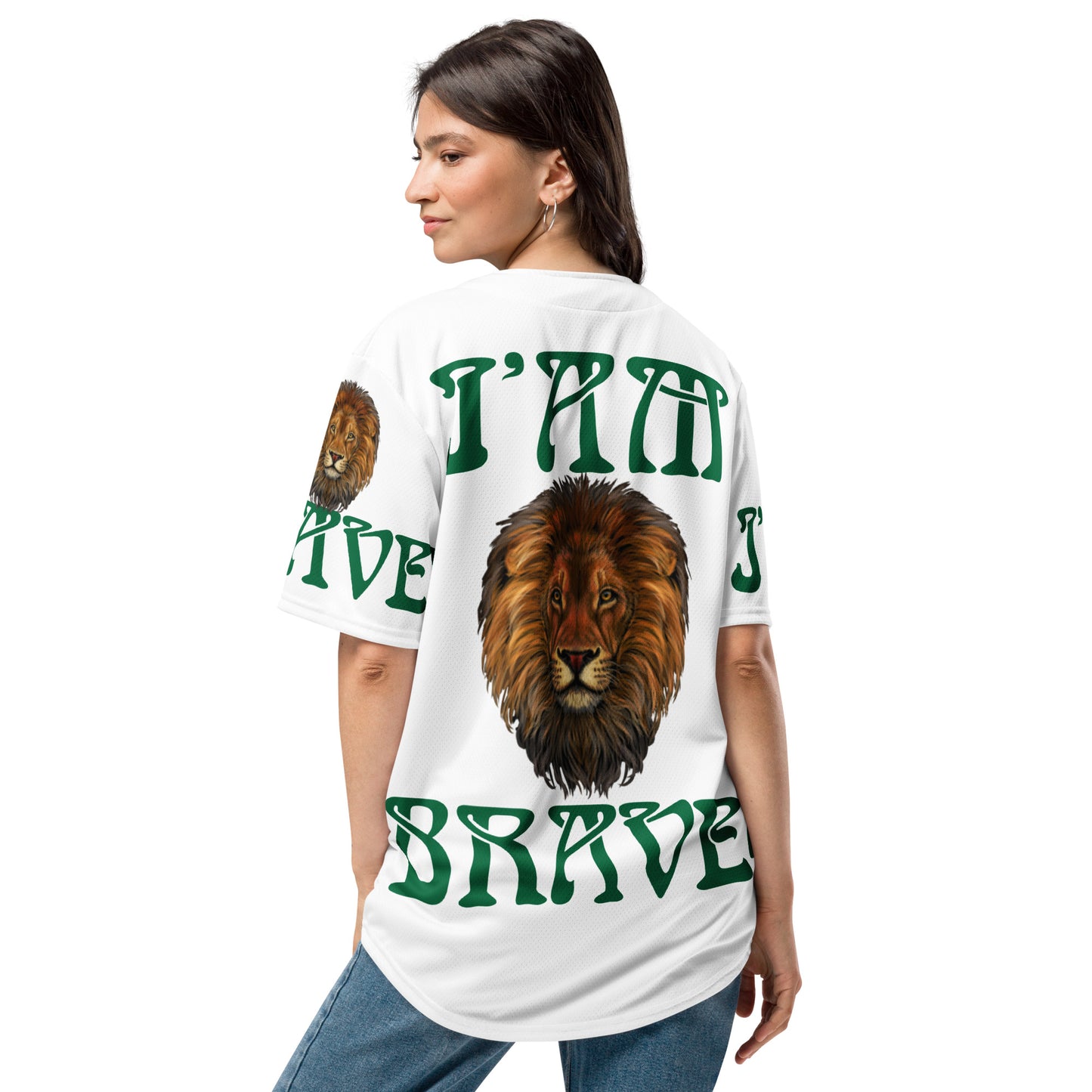 “I’AM BRAVE!” White Unisex Baseball Jersey W/Green Font