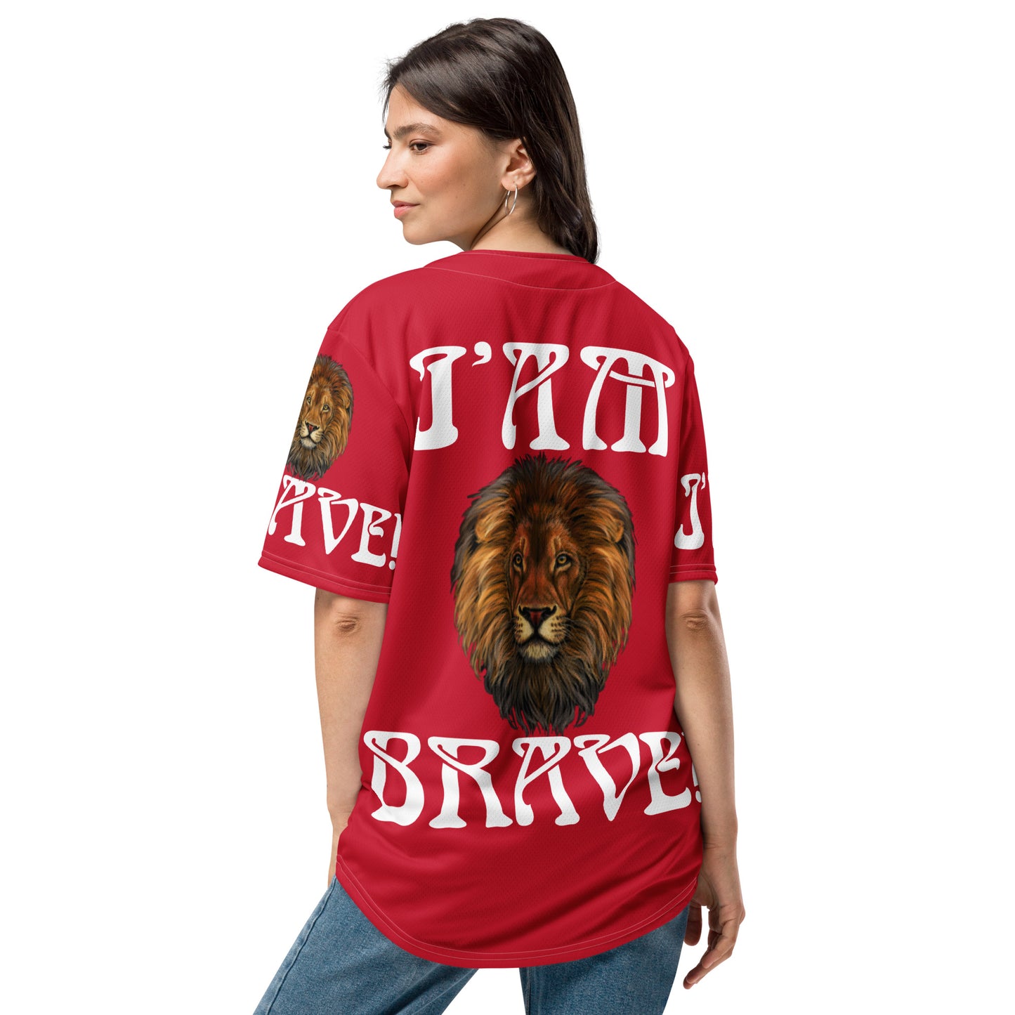 “I’AM BRAVE!” Red Unisex Baseball Jersey W/White Font