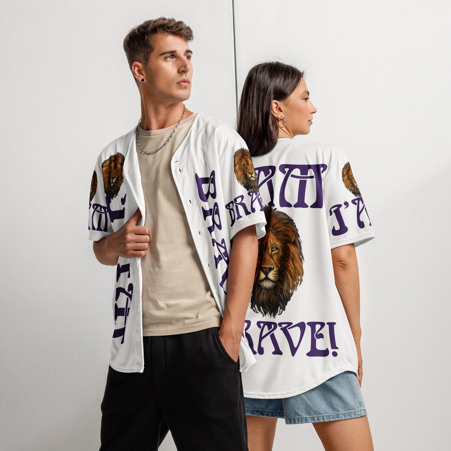 “I’AM BRAVE!” White Unisex Baseball Jersey W/Purple Font