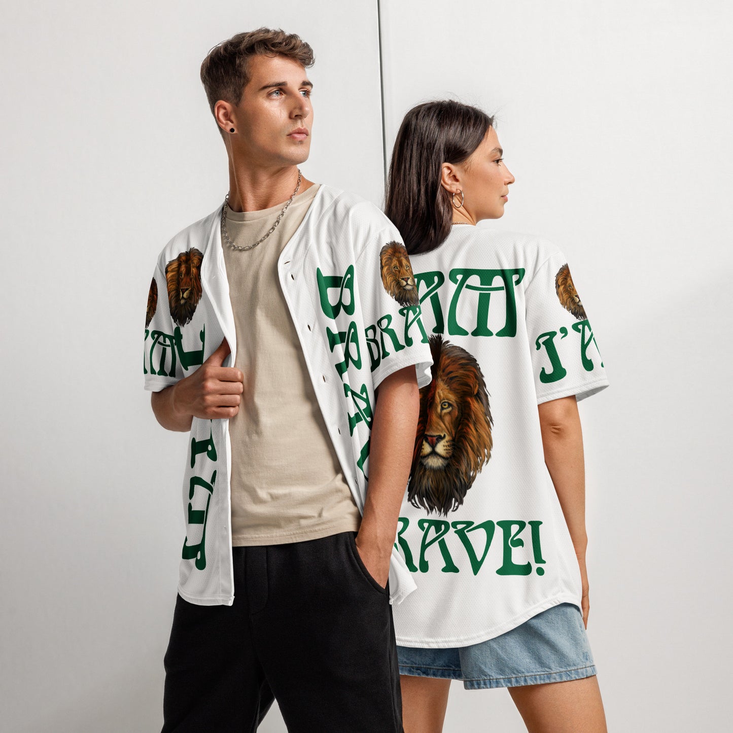 “I’AM BRAVE!” White Unisex Baseball Jersey W/Green Font